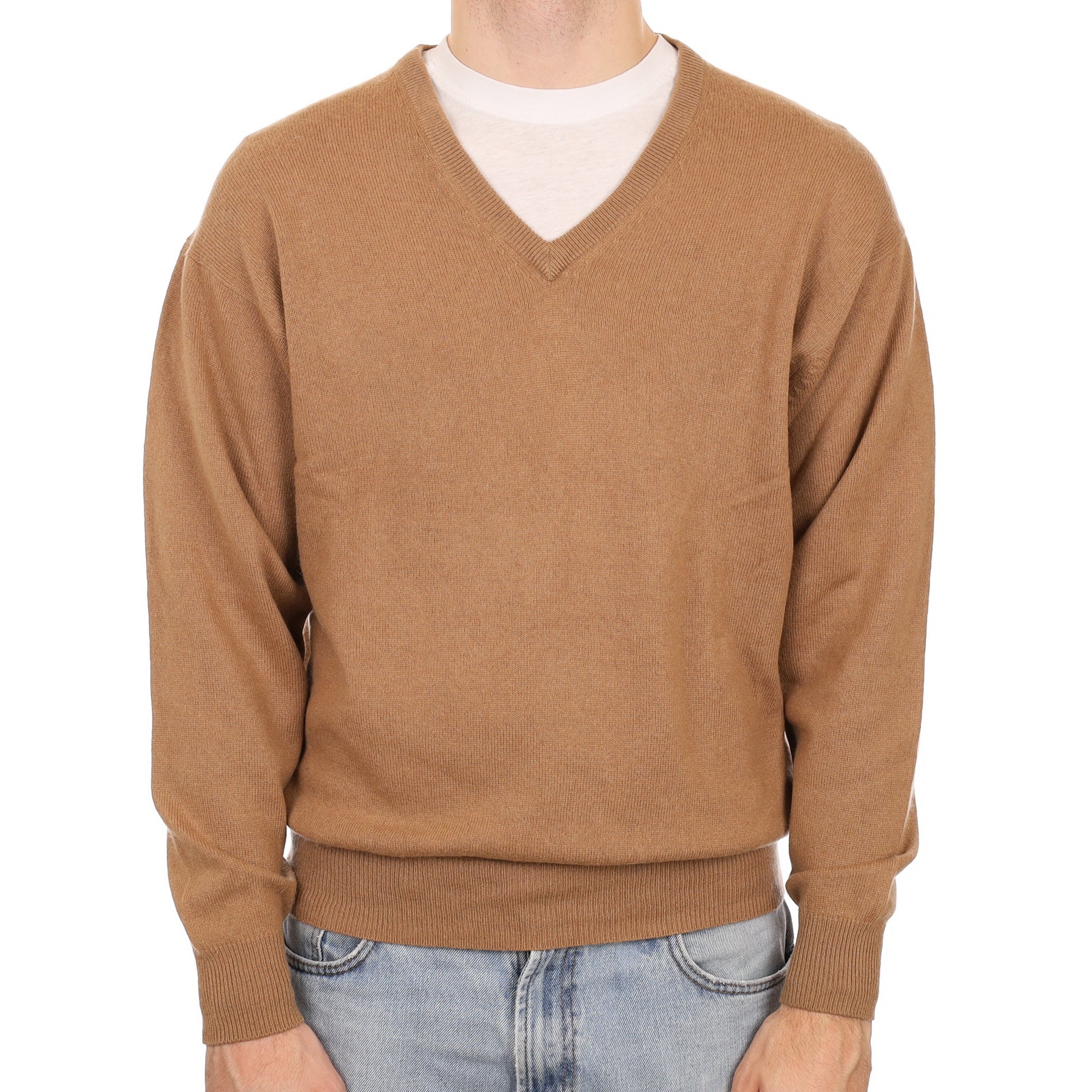 Men's Camel Cashmere V Neck Jumper Large