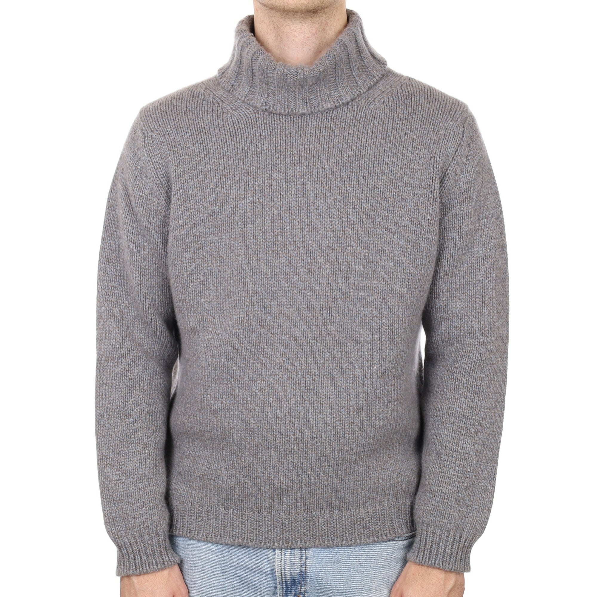 Men's Begg & Co Mink Blue Marl Cashmere Super Chunky Polo Neck Jumper Large