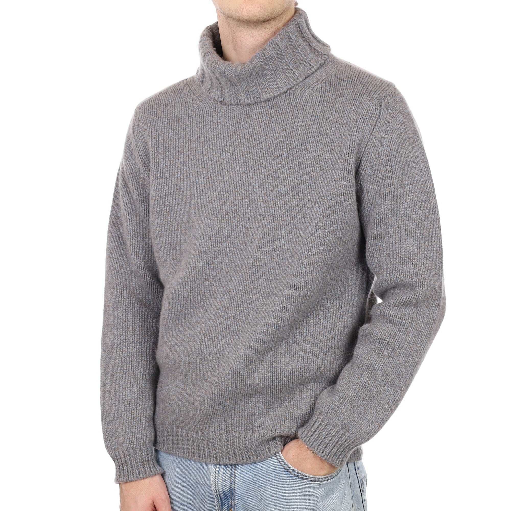 Men's Begg & Co Mink Blue Marl Cashmere Super Chunky Polo Neck Jumper Large