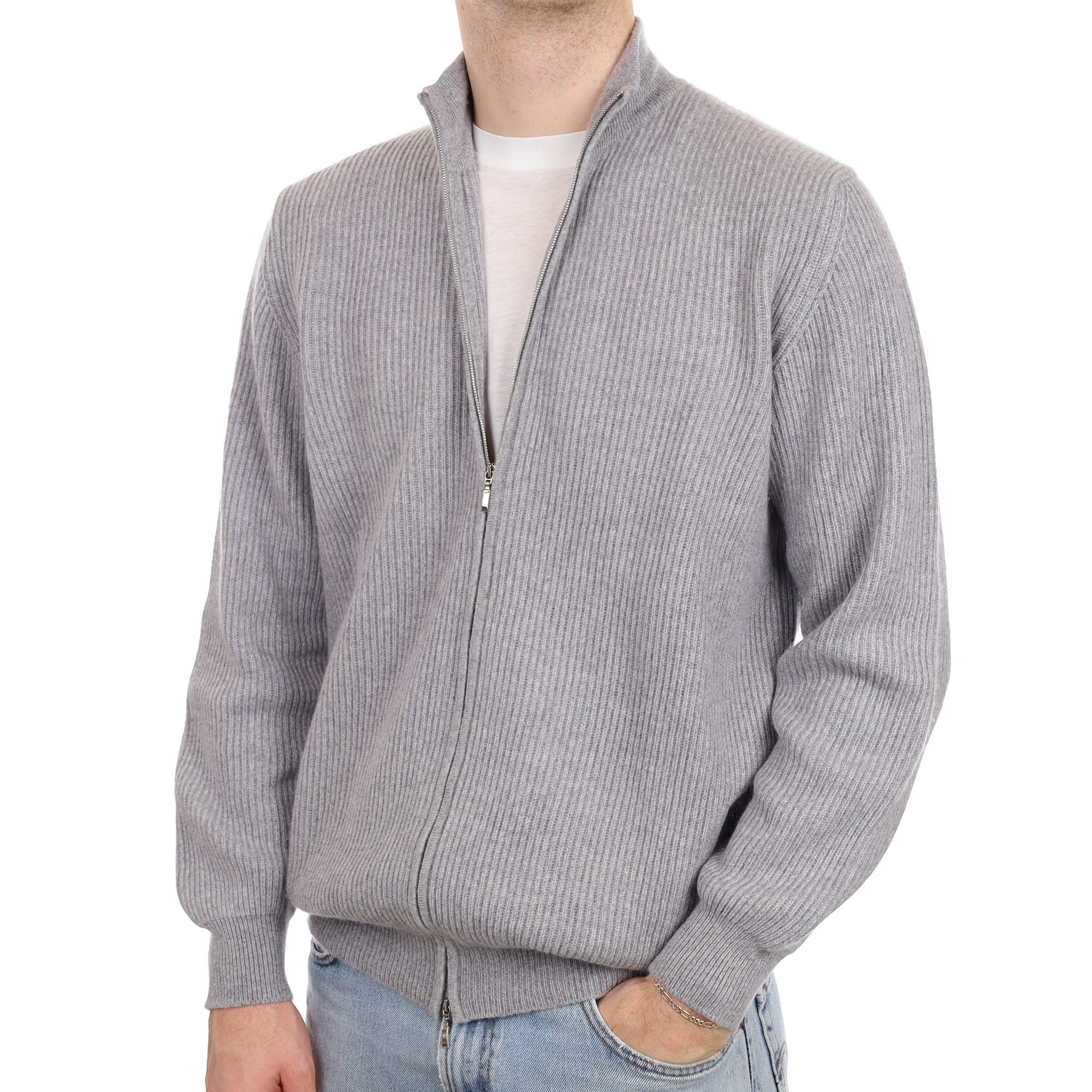 Men's William & Co Grey Chunky Rib Cashmere Zip Up Cardigan Large
