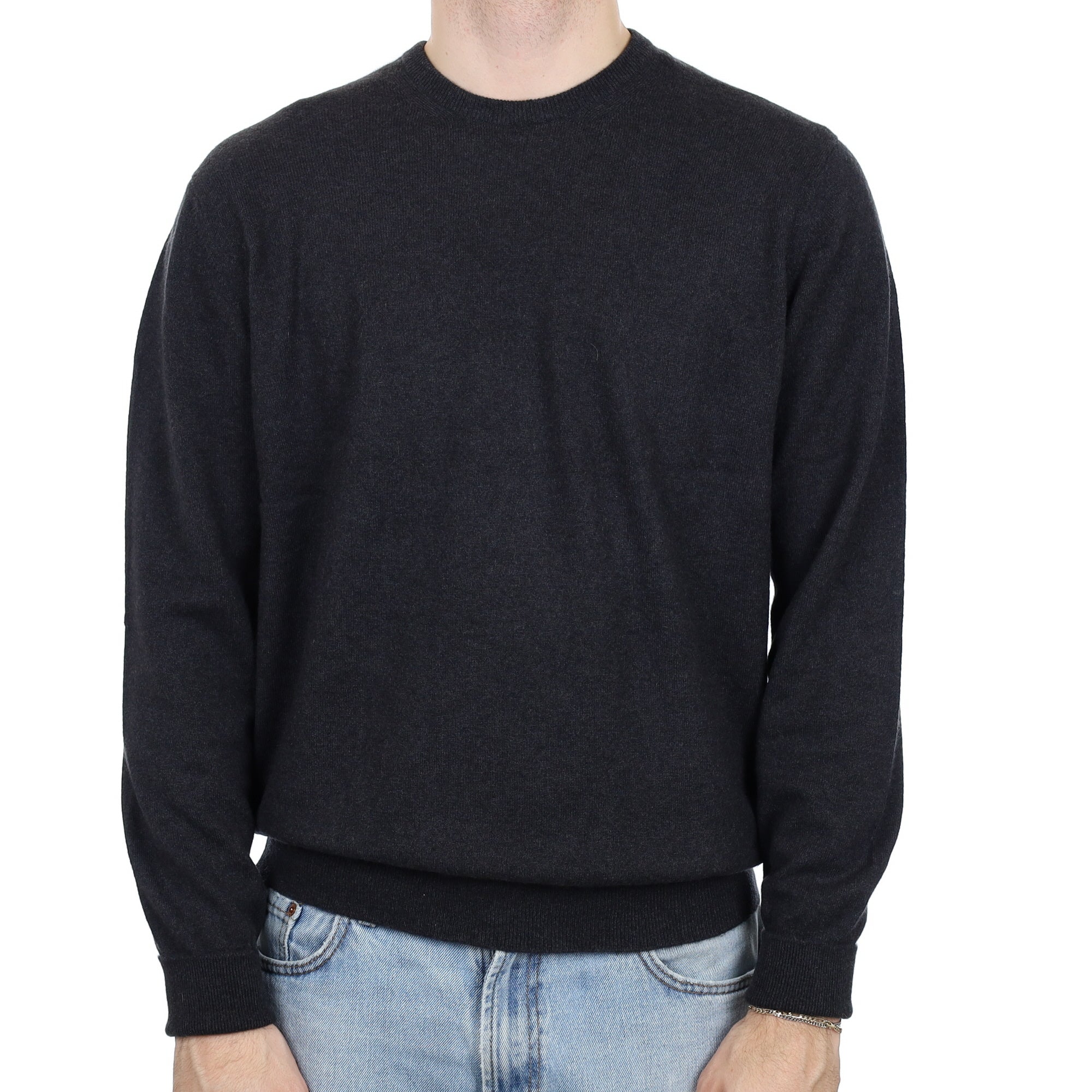 Men's Begg & Co Carbon Grey Cashmere Crew Neck Jumper Large