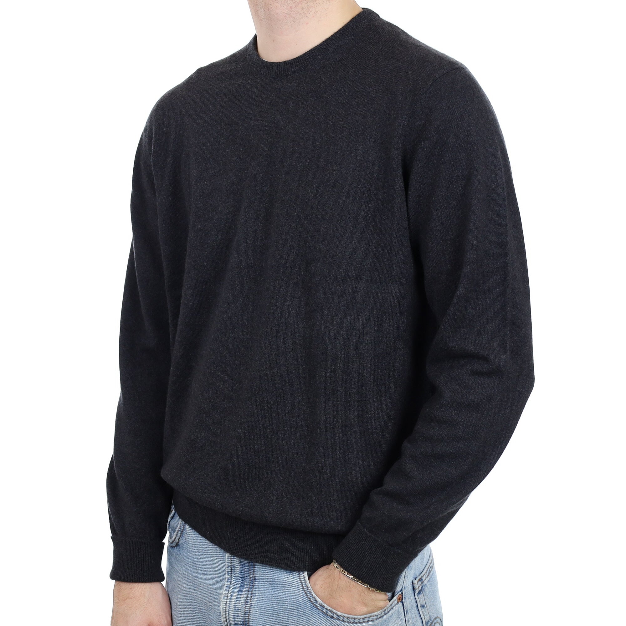 Men's Begg & Co Carbon Grey Cashmere Crew Neck Jumper Large