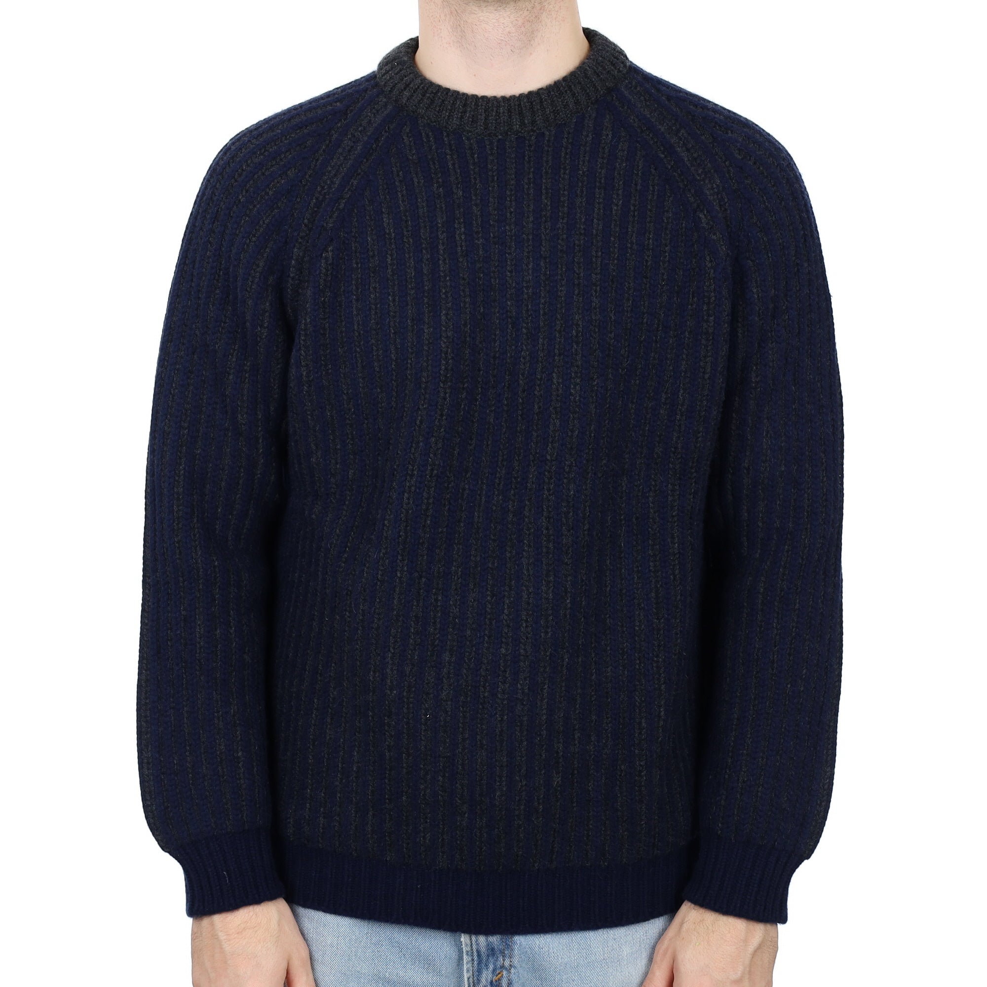 Men's Begg & Co Navy Charcoal Rib Super Chunky Cashmere Crew Neck Jumper Large