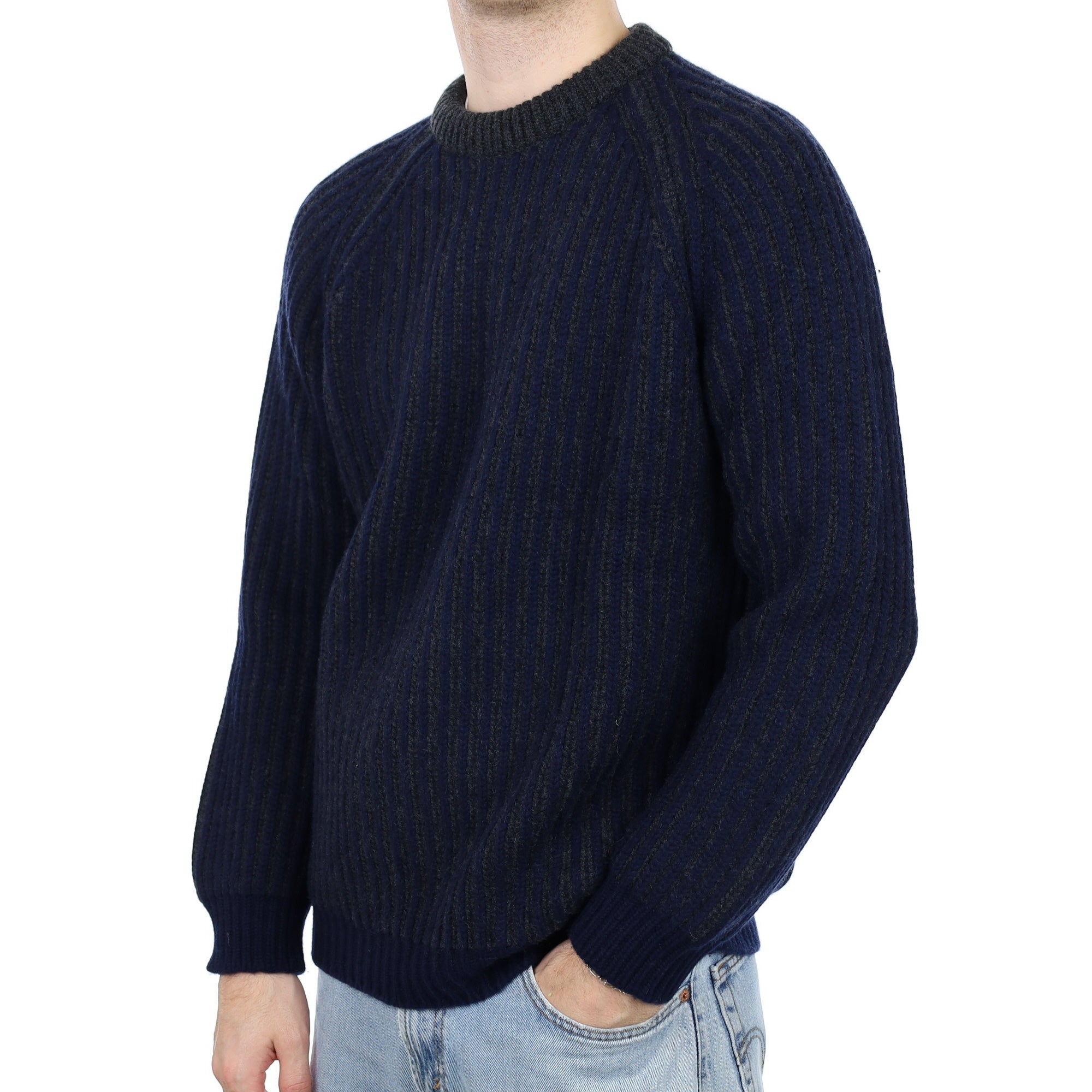 Men's Begg & Co Navy Charcoal Rib Super Chunky Cashmere Crew Neck Jumper Large