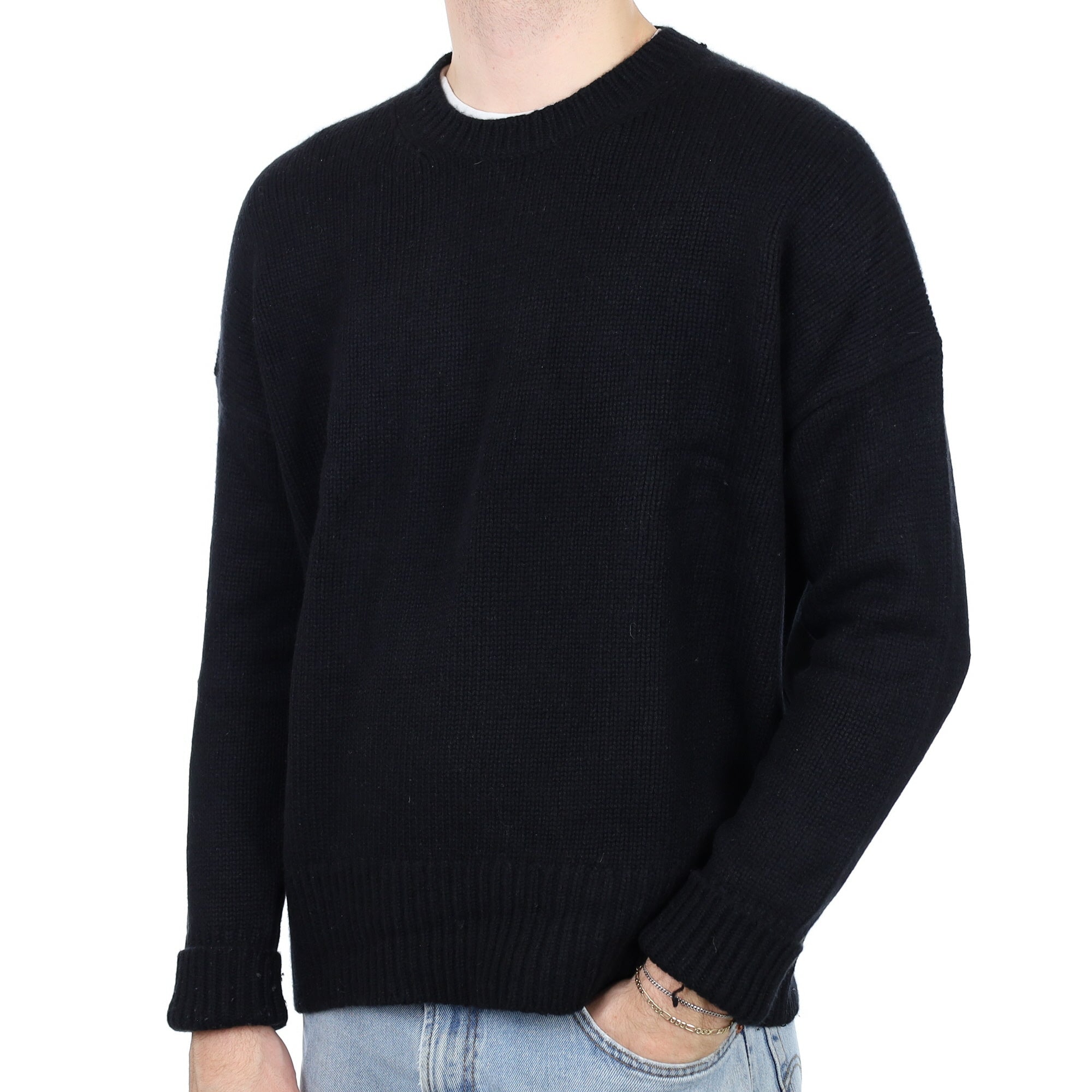 Men's Black Chunky Cashmere Crew Neck Jumper Large