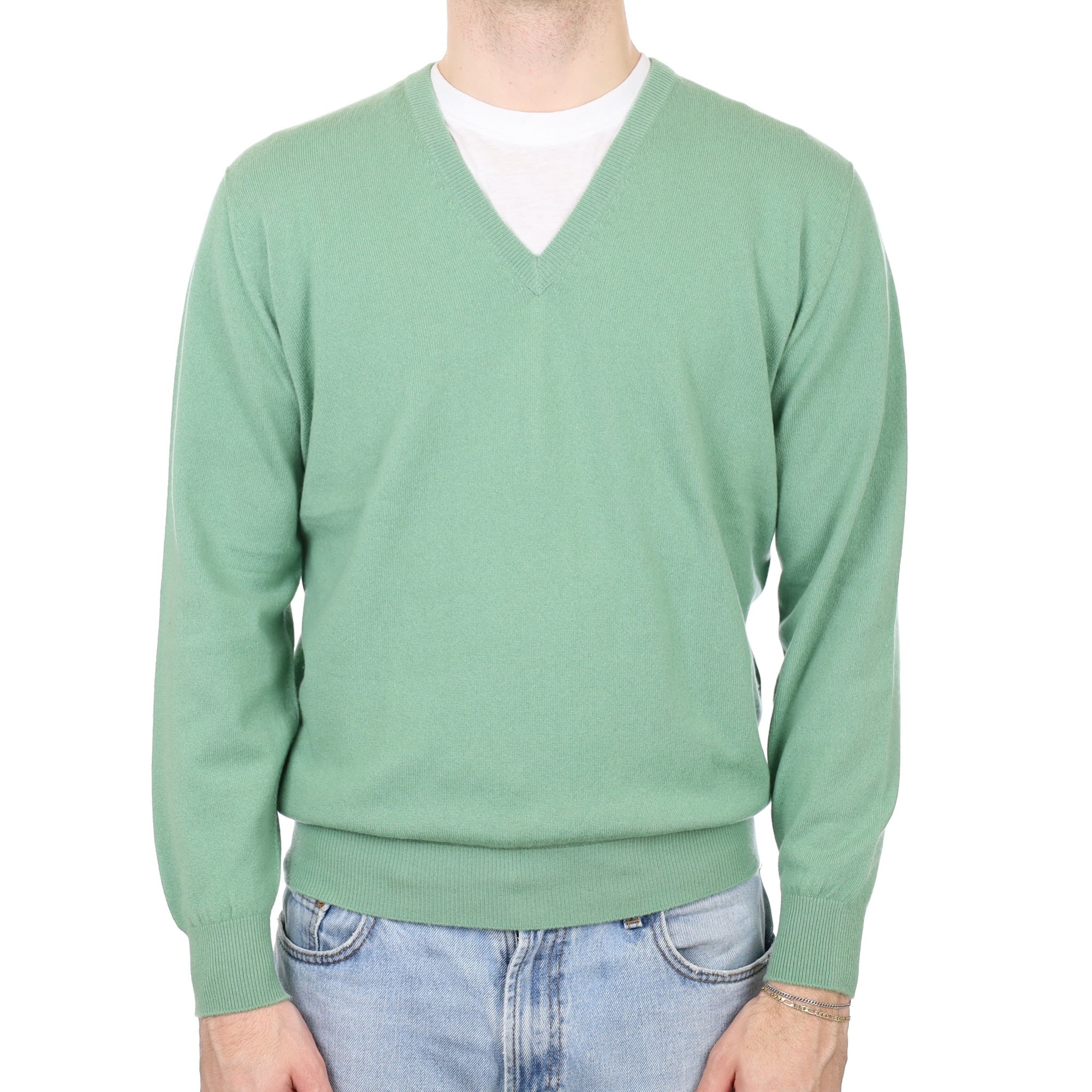 Men's Begg & Co Hazy Green Cashmere V Neck Jumper Large