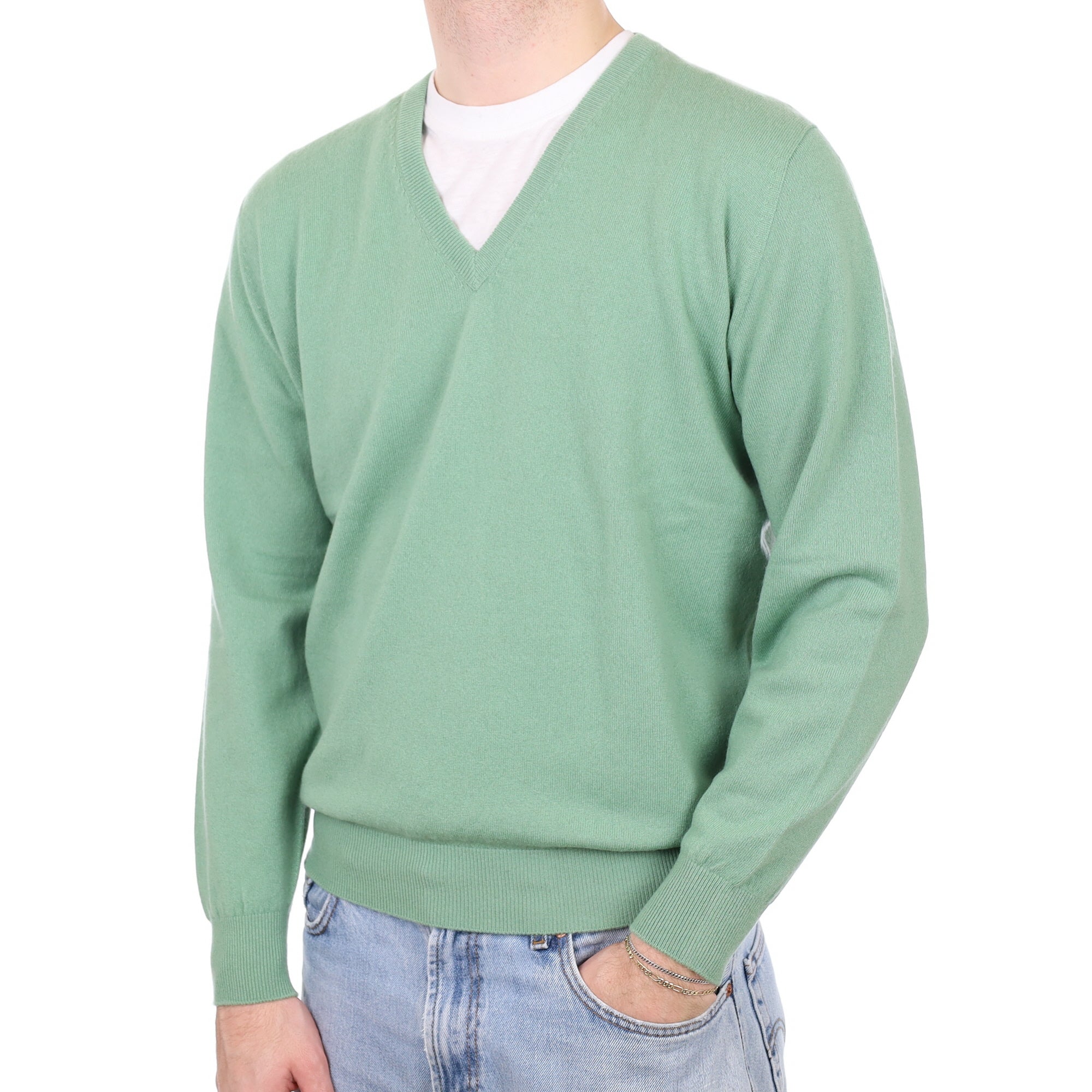 Men's Begg & Co Hazy Green Cashmere V Neck Jumper Large