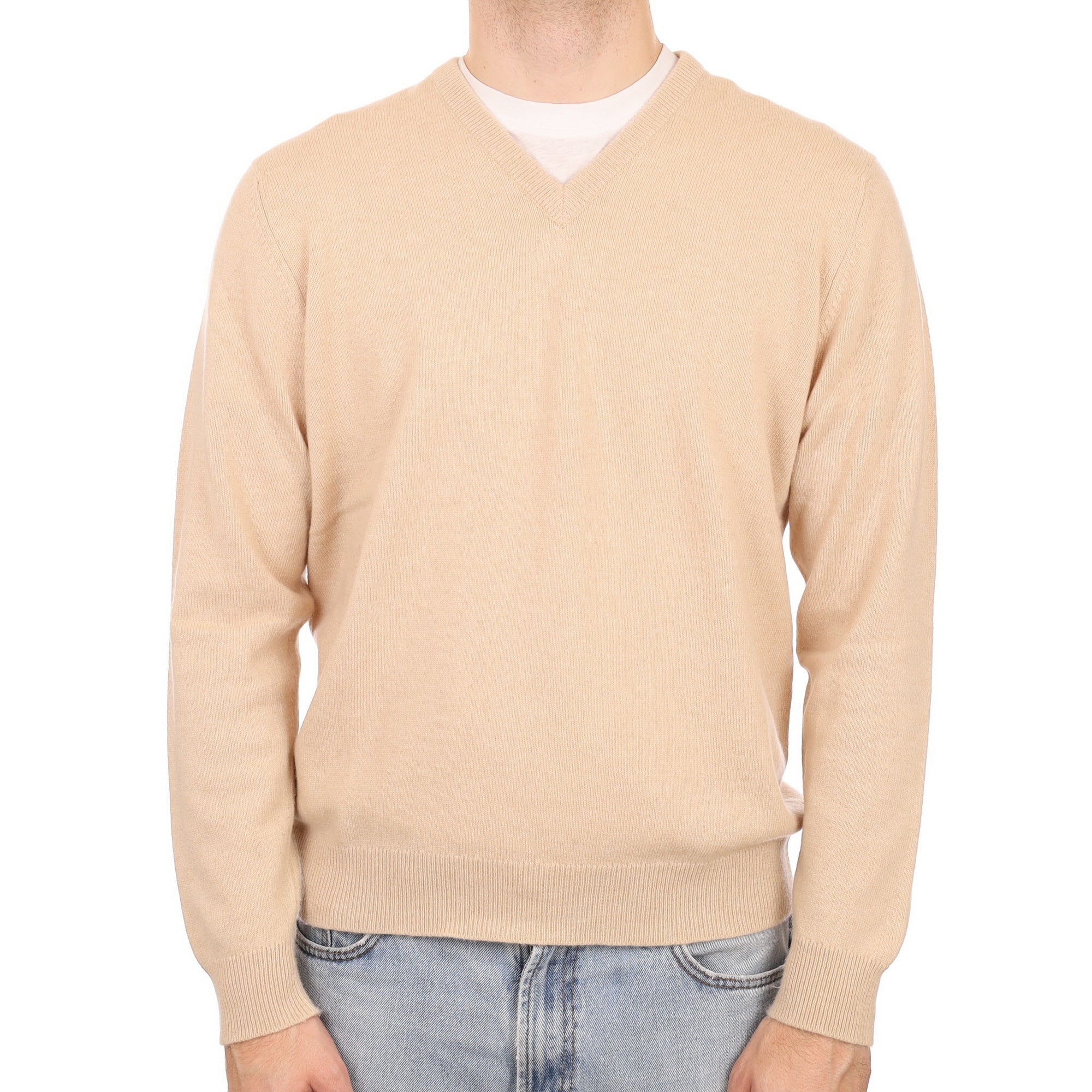 Men's Eldon Beige Cashmere V Neck Jumper Large