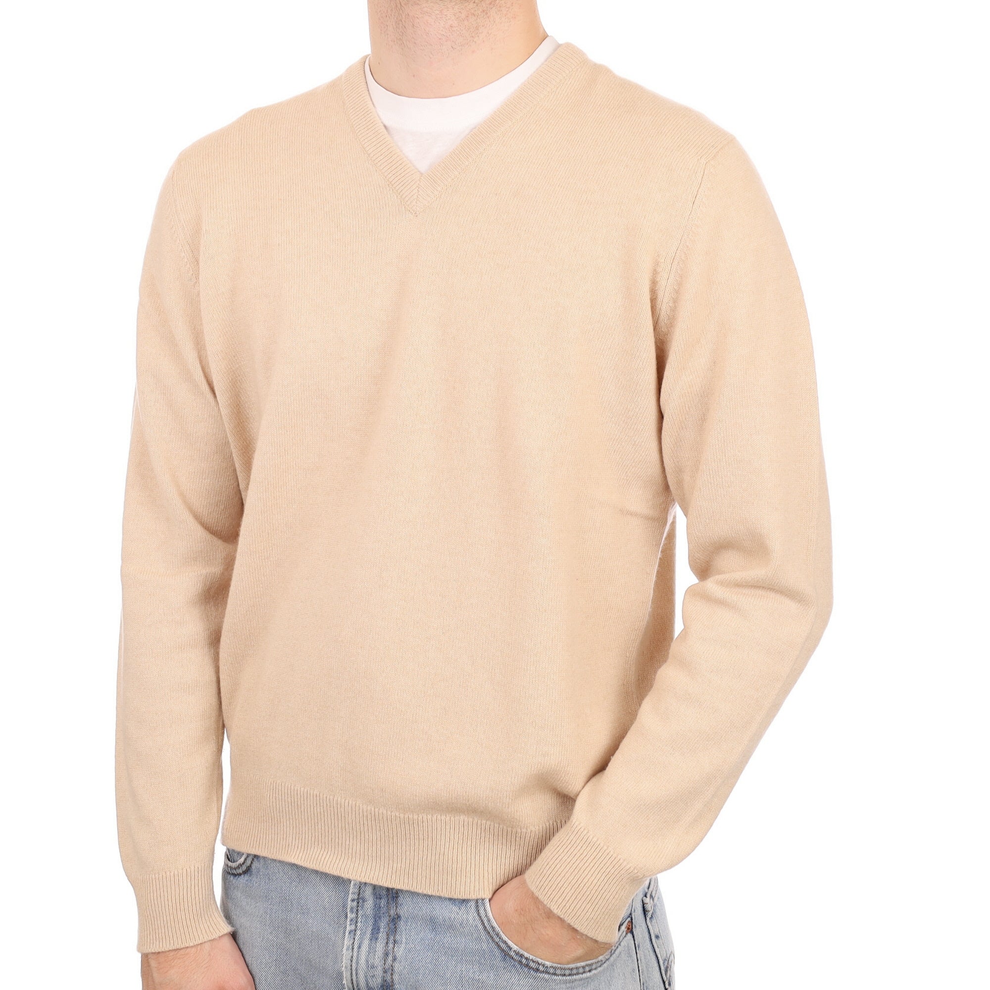Men's Eldon Beige Cashmere V Neck Jumper Large
