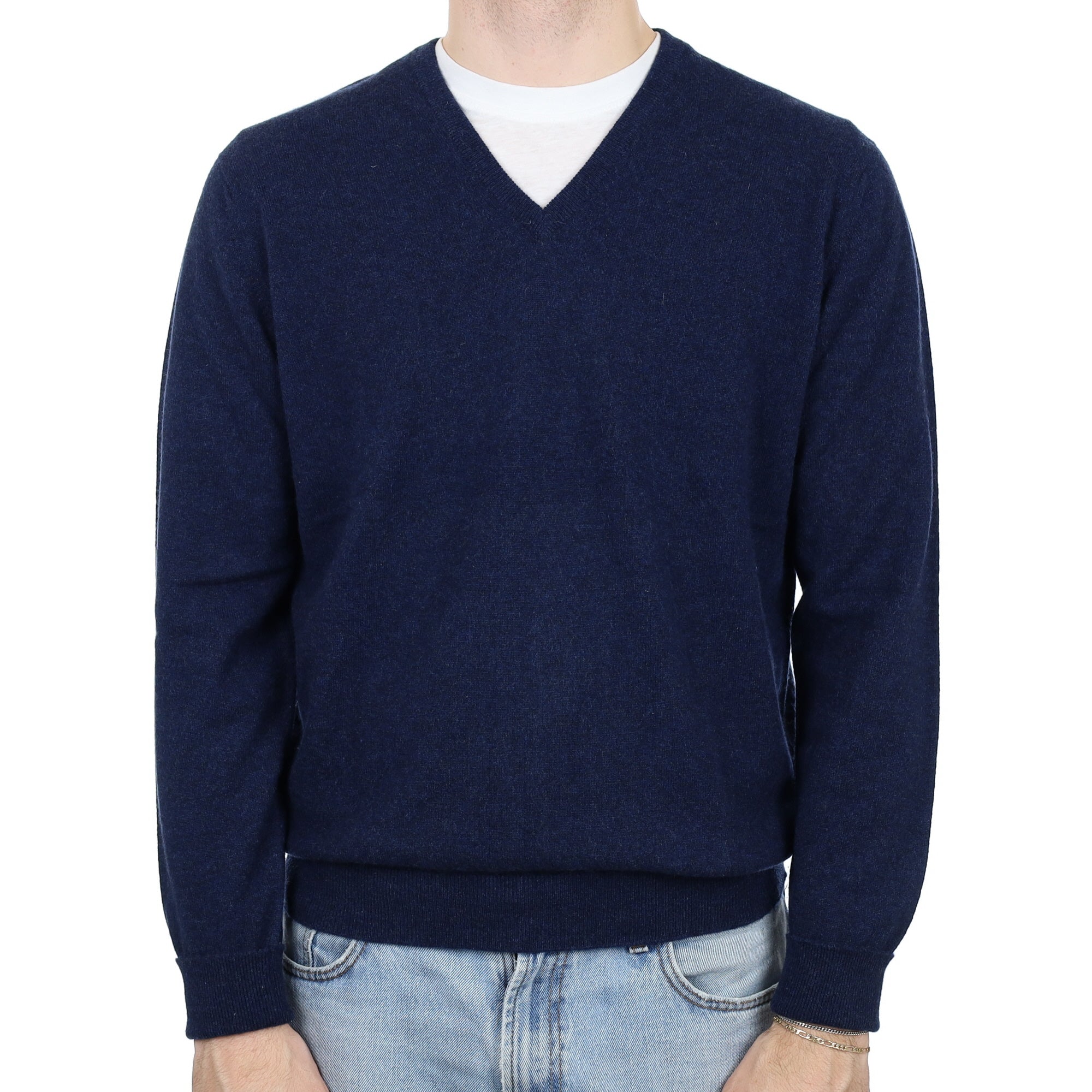 Men's Eldon Midnight Blue Cashmere V Neck Jumper Large