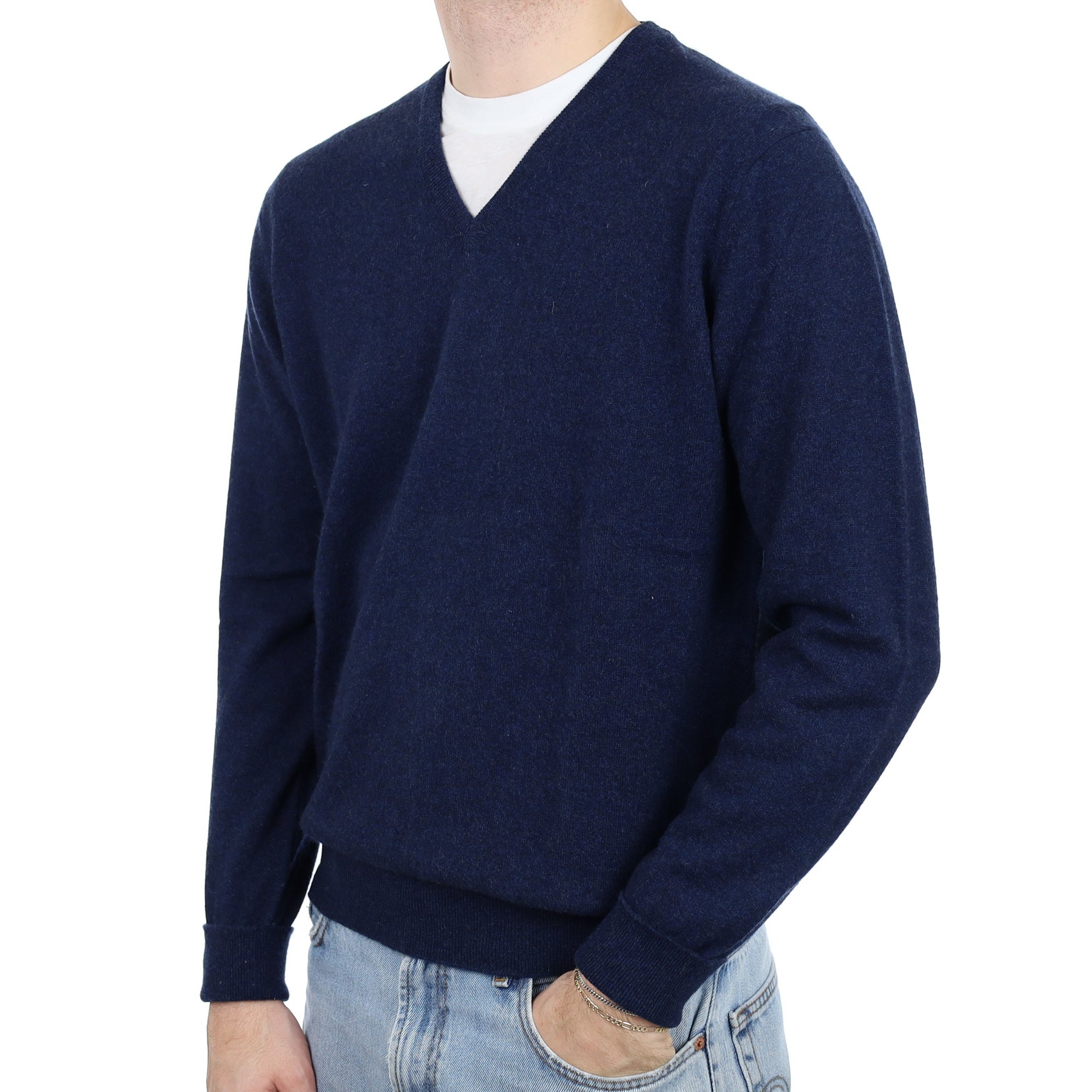 Men's Eldon Midnight Blue Cashmere V Neck Jumper Large