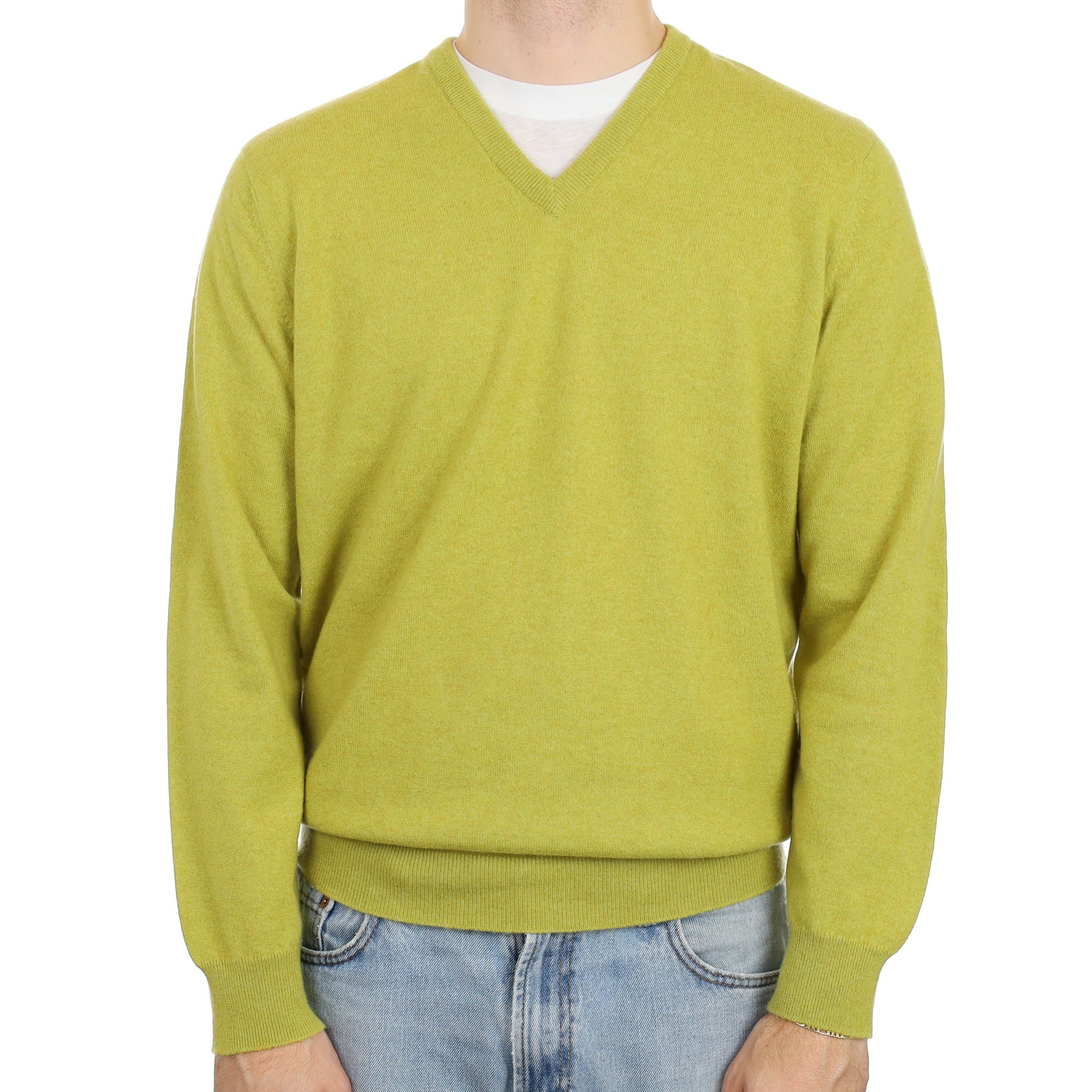 Men's James Purdey Lichen Green Cashmere V Neck Jumper Large