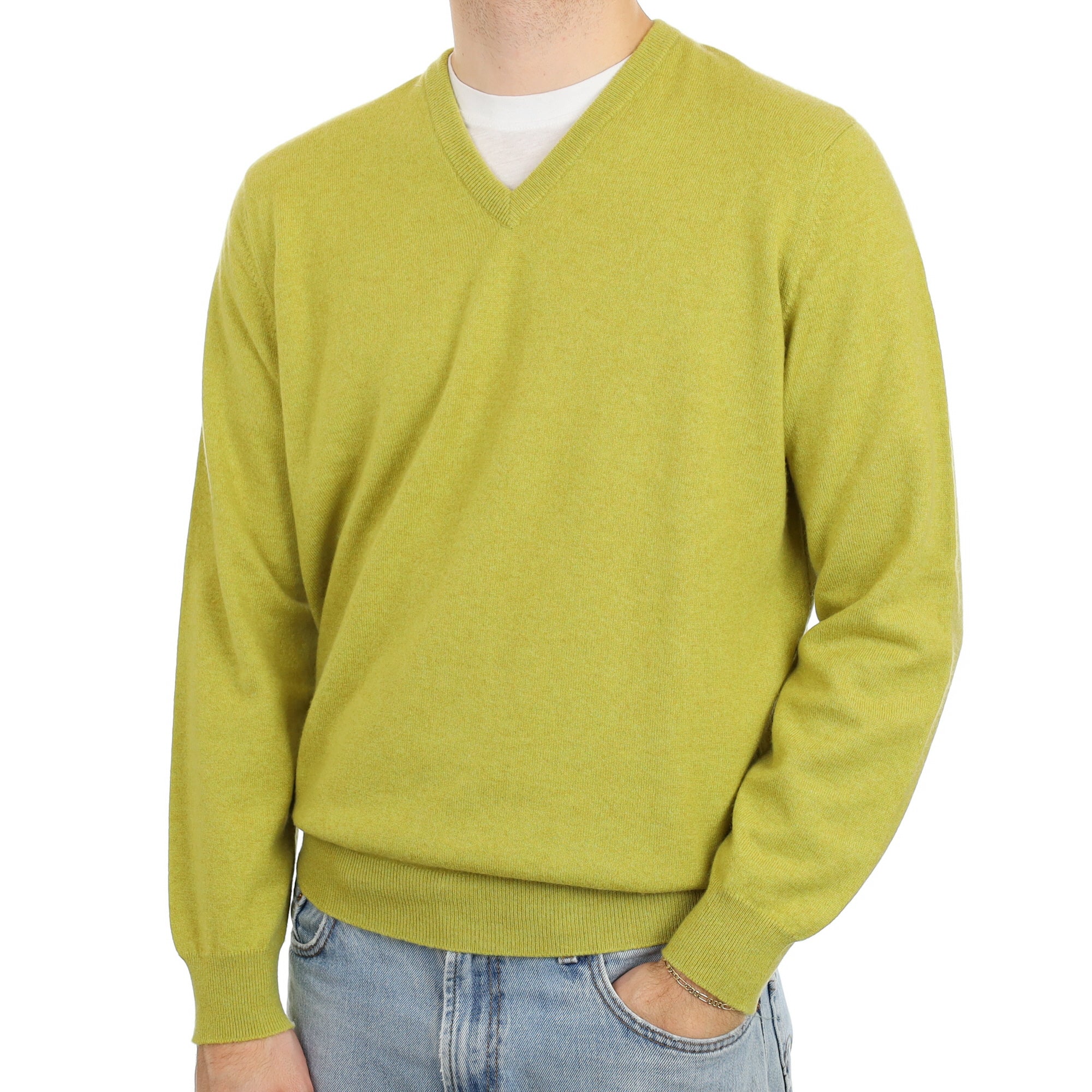 Men's James Purdey Lichen Green Cashmere V Neck Jumper Large