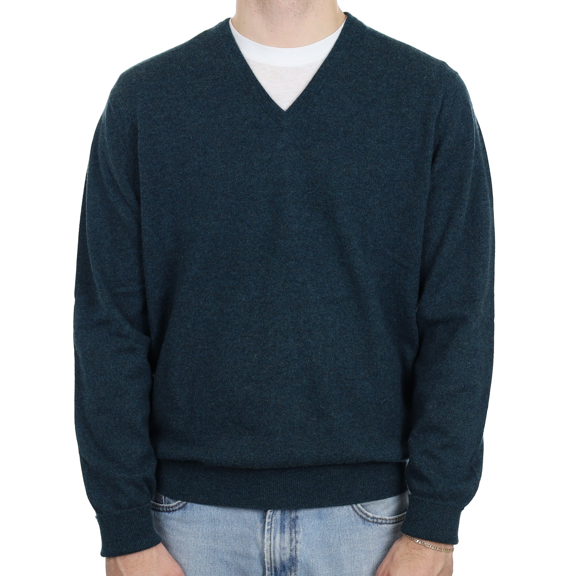 Men's Begg & Co Forest Green Marl Cashmere V Neck Jumper Large