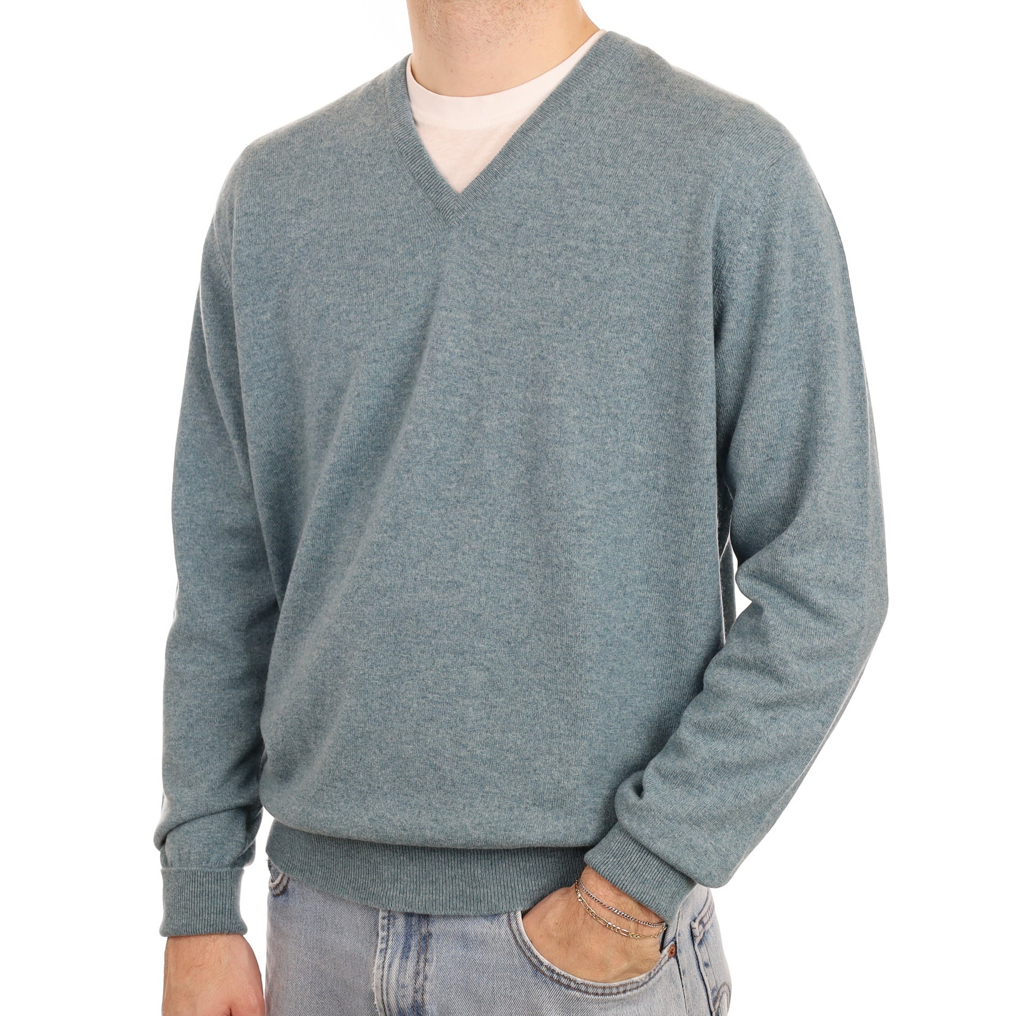 Men's Begg & Co Duck Egg Blue Cashmere V Neck Jumper Large