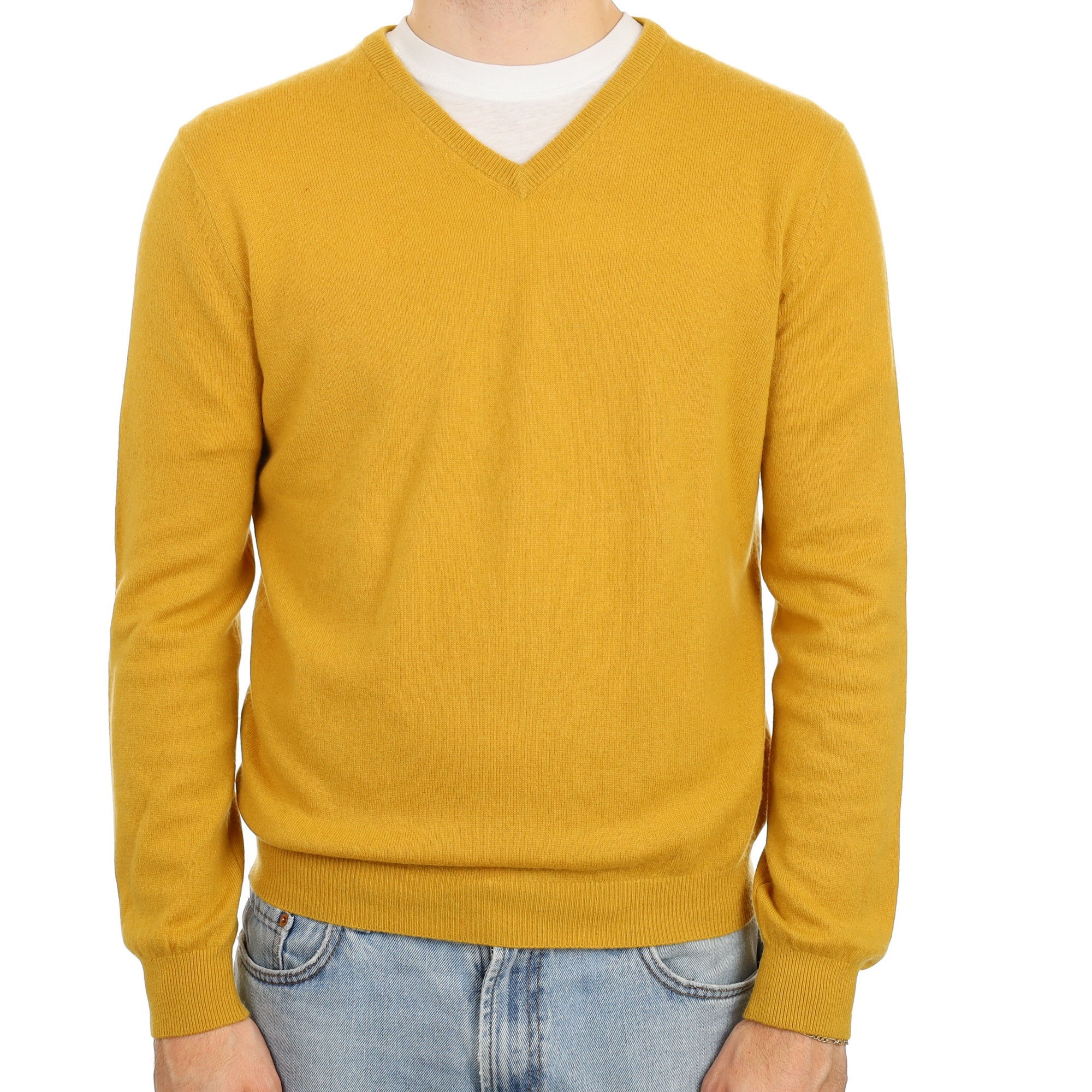 Men's Mustard Yellow Cashmere V Neck Jumper Large