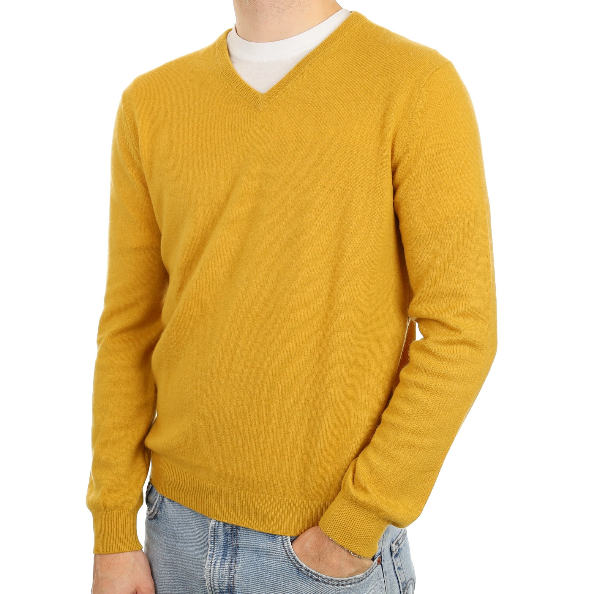 Men's Mustard Yellow Cashmere V Neck Jumper Large