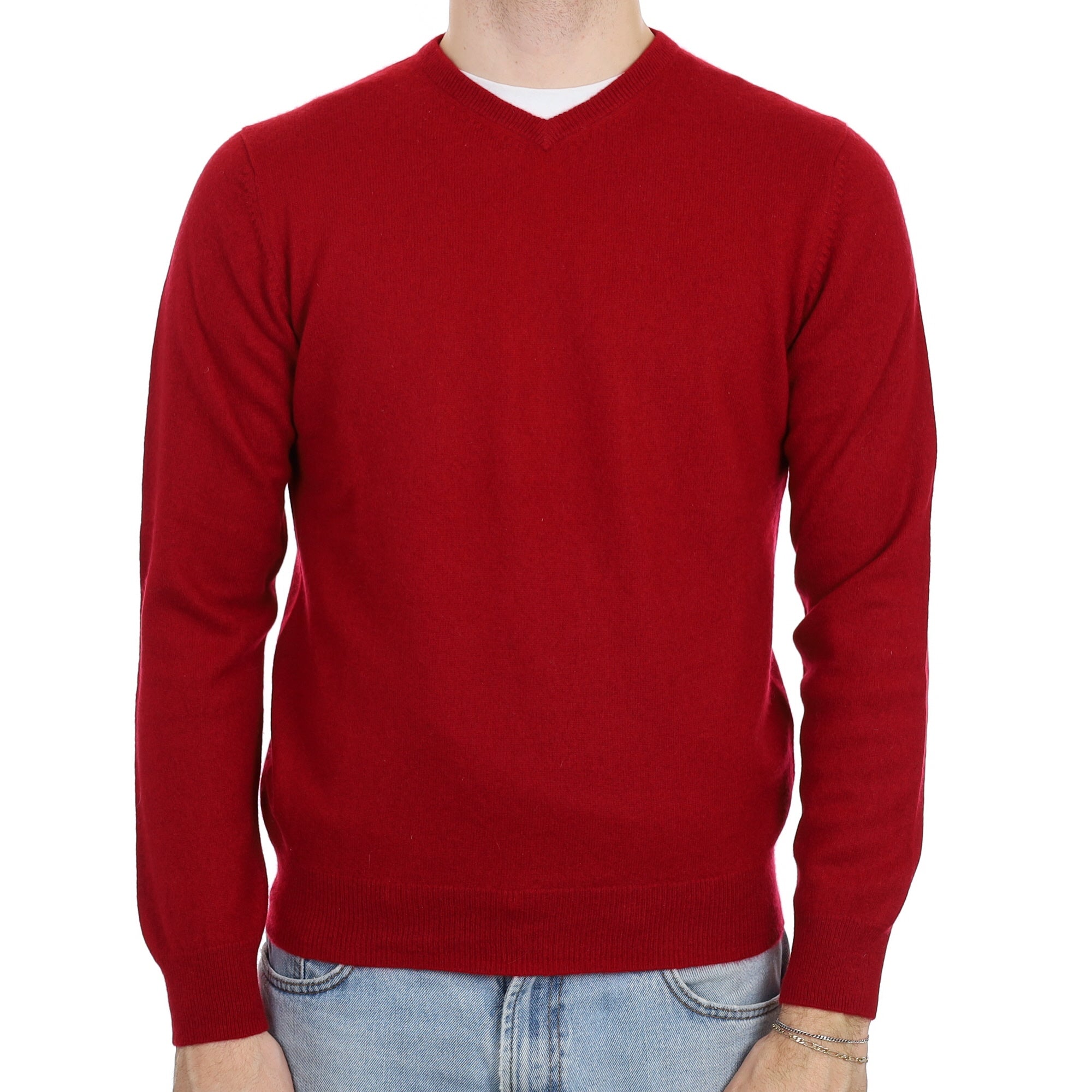 Men's Crimson Red Cashmere V Neck Jumper Large