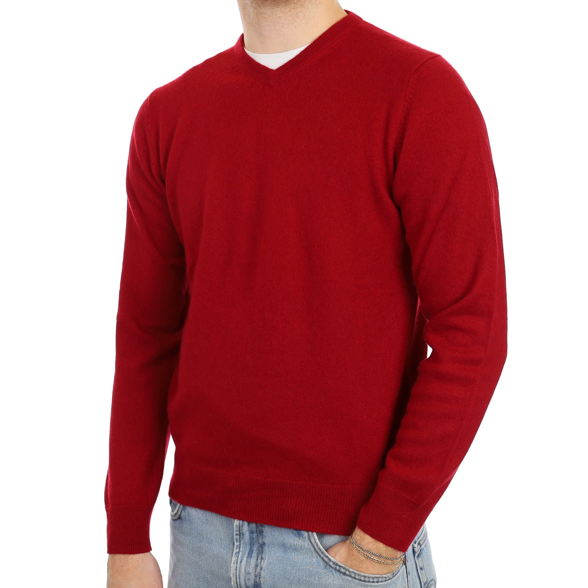 Men's Crimson Red Cashmere V Neck Jumper Large