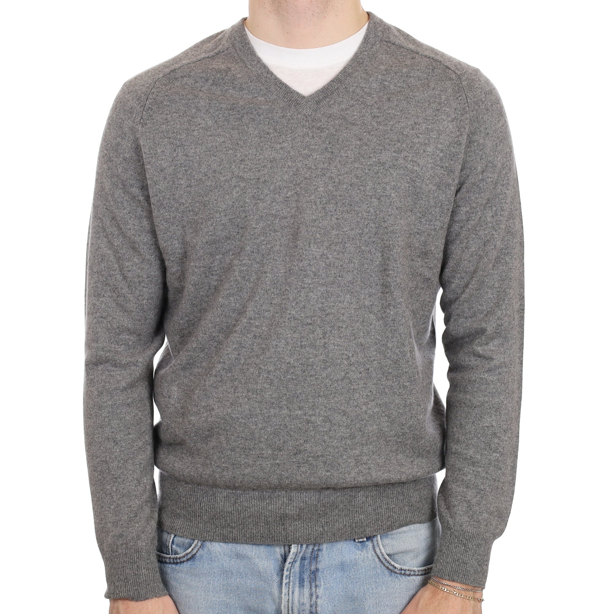 Men's Slate Grey Cashmere V Neck Jumper Large