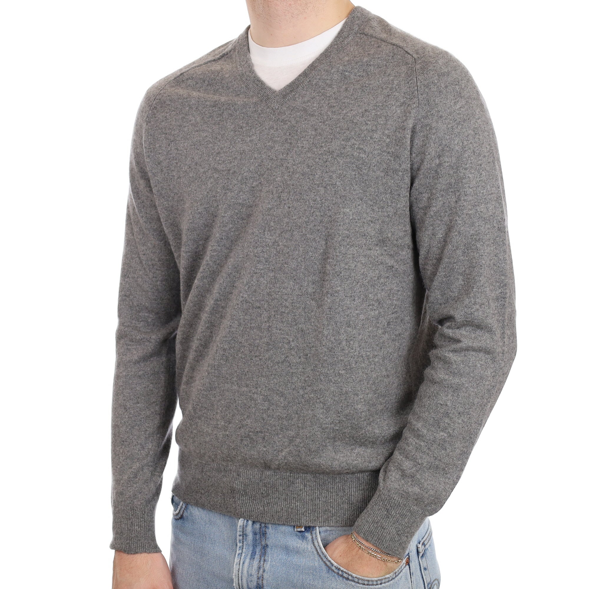 Men's Slate Grey Cashmere V Neck Jumper Large