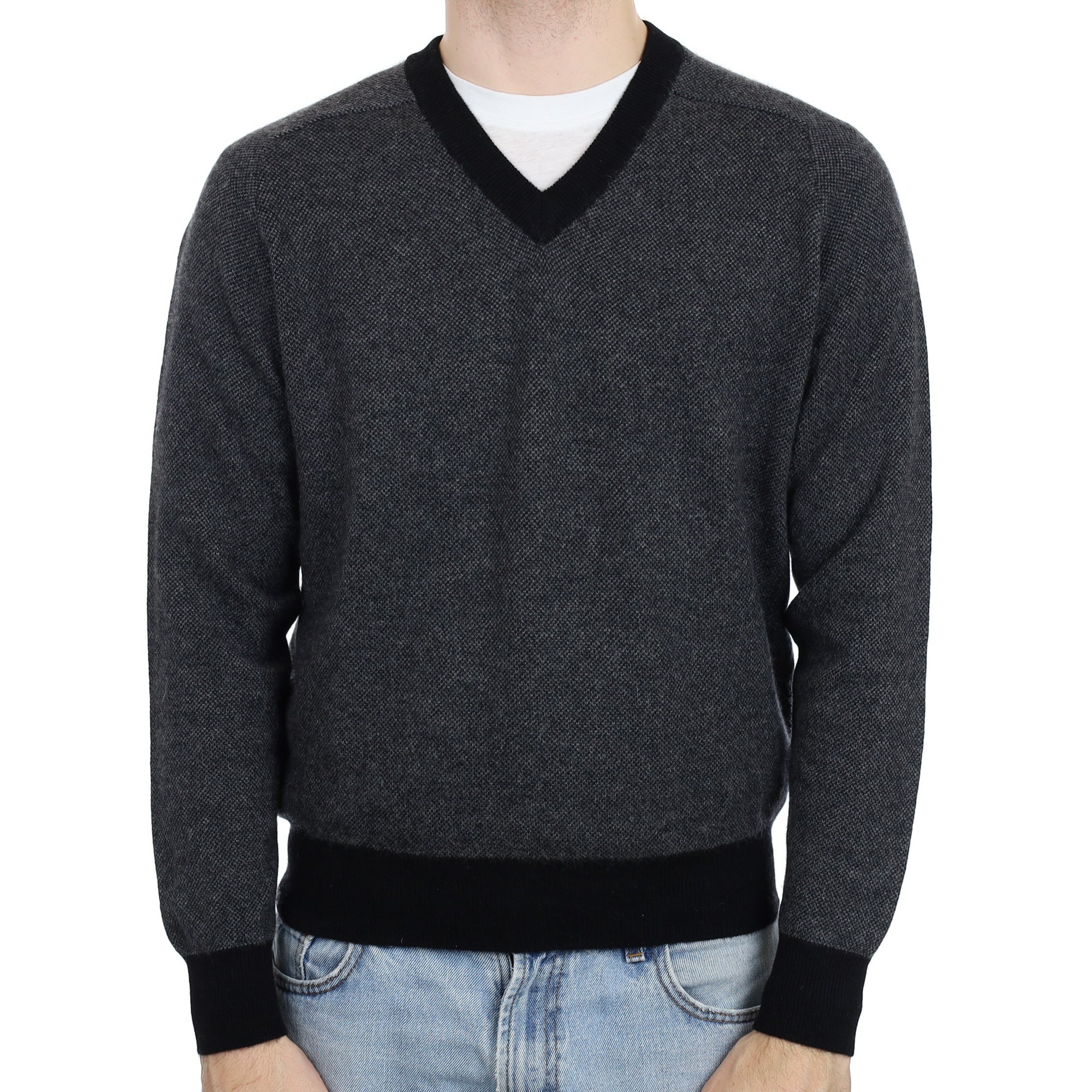Men's Charcoal Grey and Black Cashmere V Neck Jumper Large