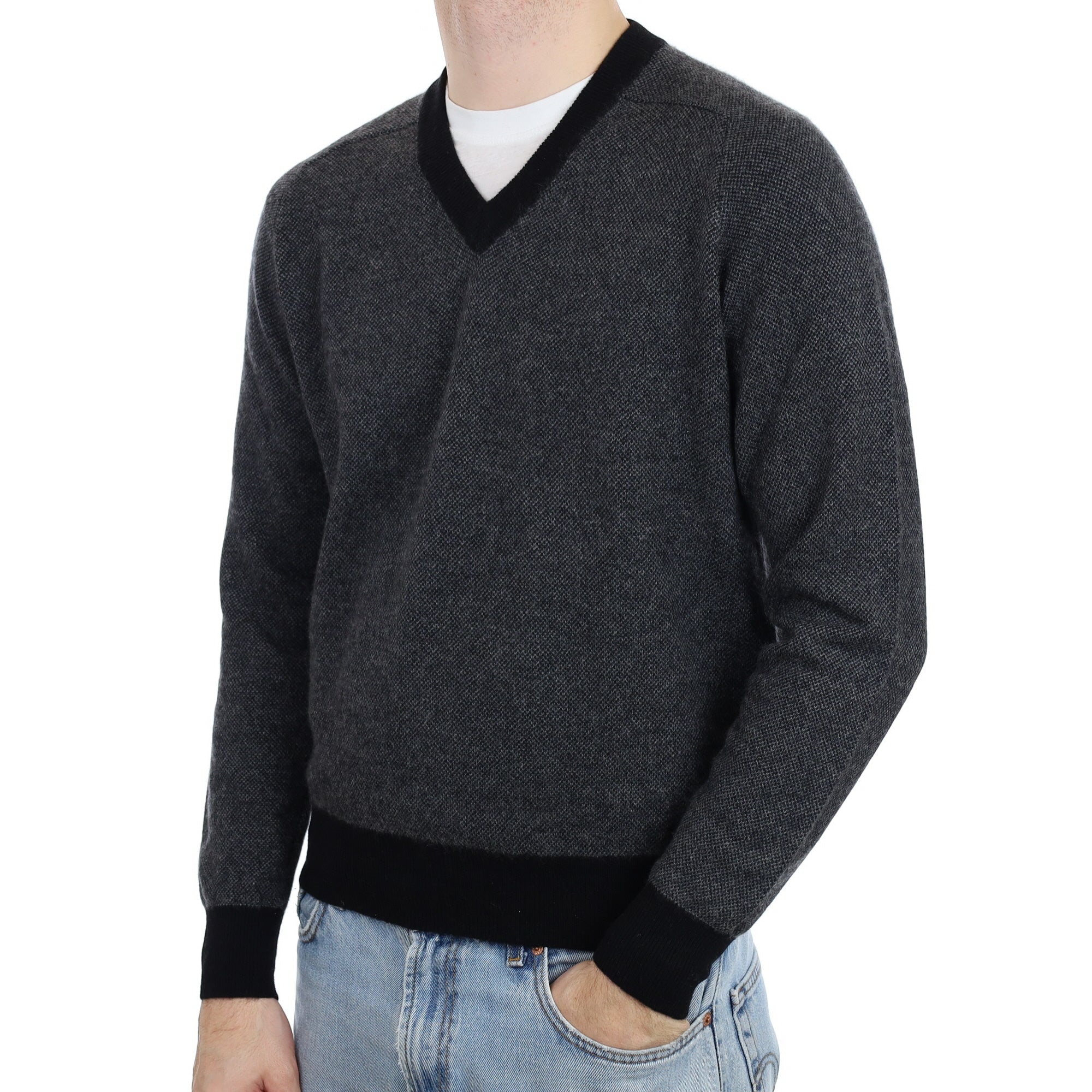 Men's Charcoal Grey and Black Cashmere V Neck Jumper Large
