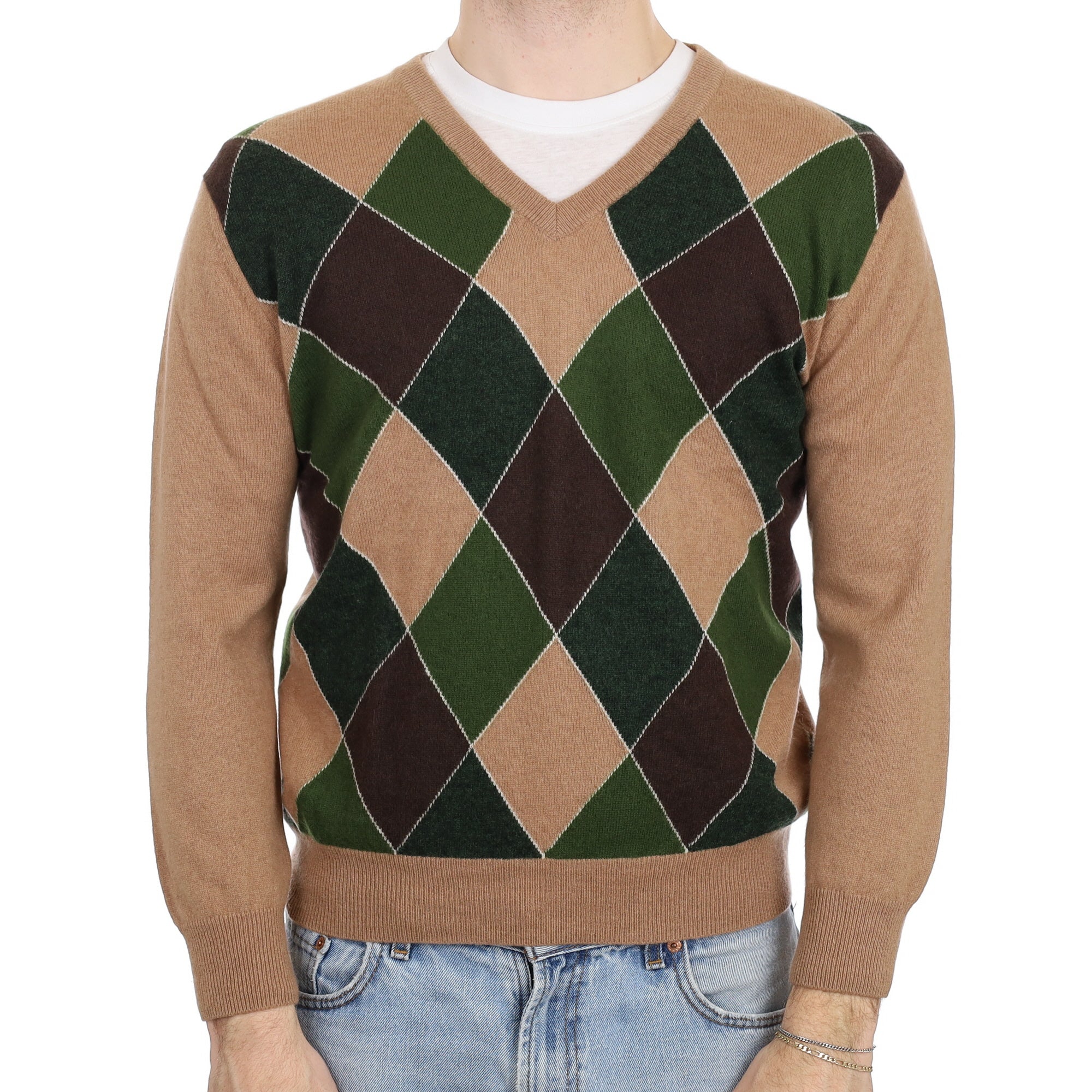 Men's Green and Brown Diamond Pattern Cashmere V Neck Jumper Large