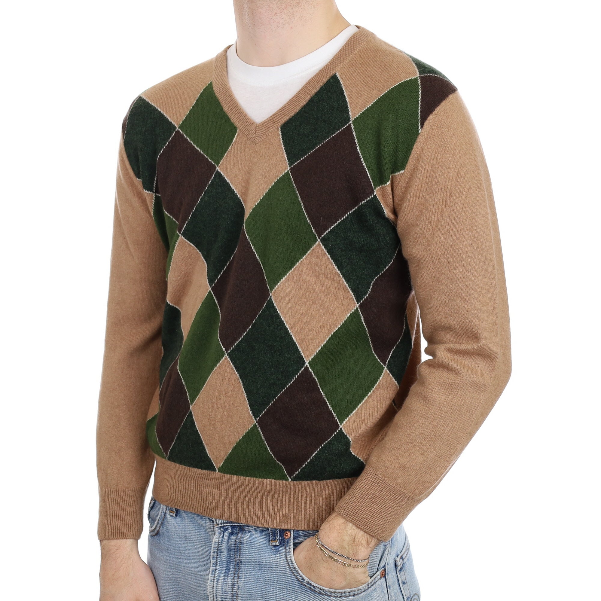 Men's Green and Brown Diamond Pattern Cashmere V Neck Jumper Large