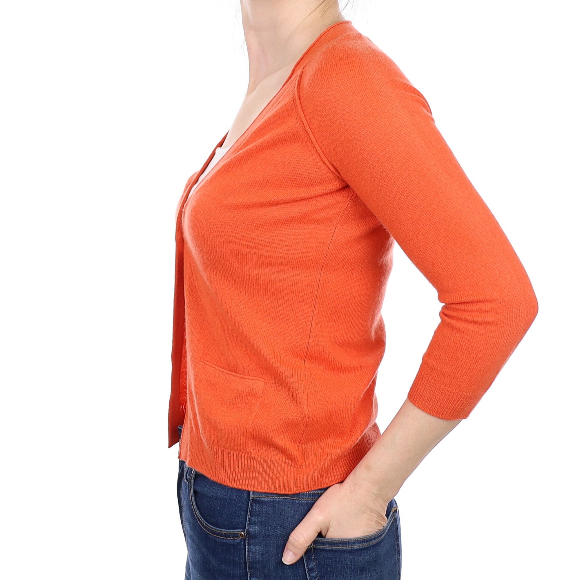 Tangerine Orange Cashmere V Neck Cardigan with Pockets Small