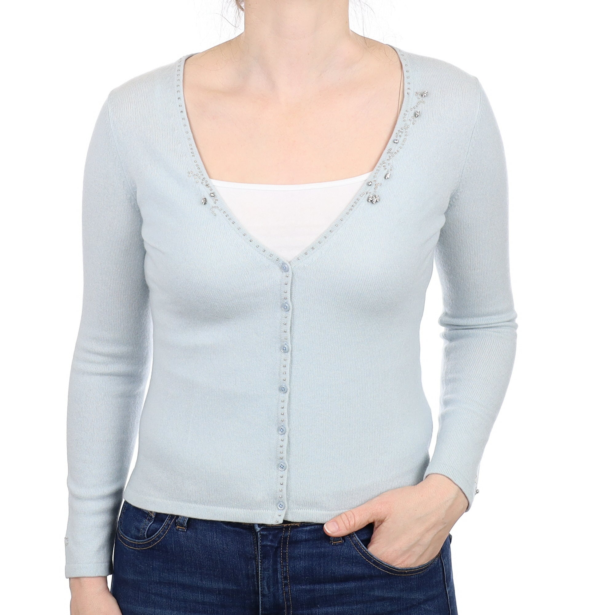 Ice Blue Diamanté Cashmere V Neck Cardigan Small