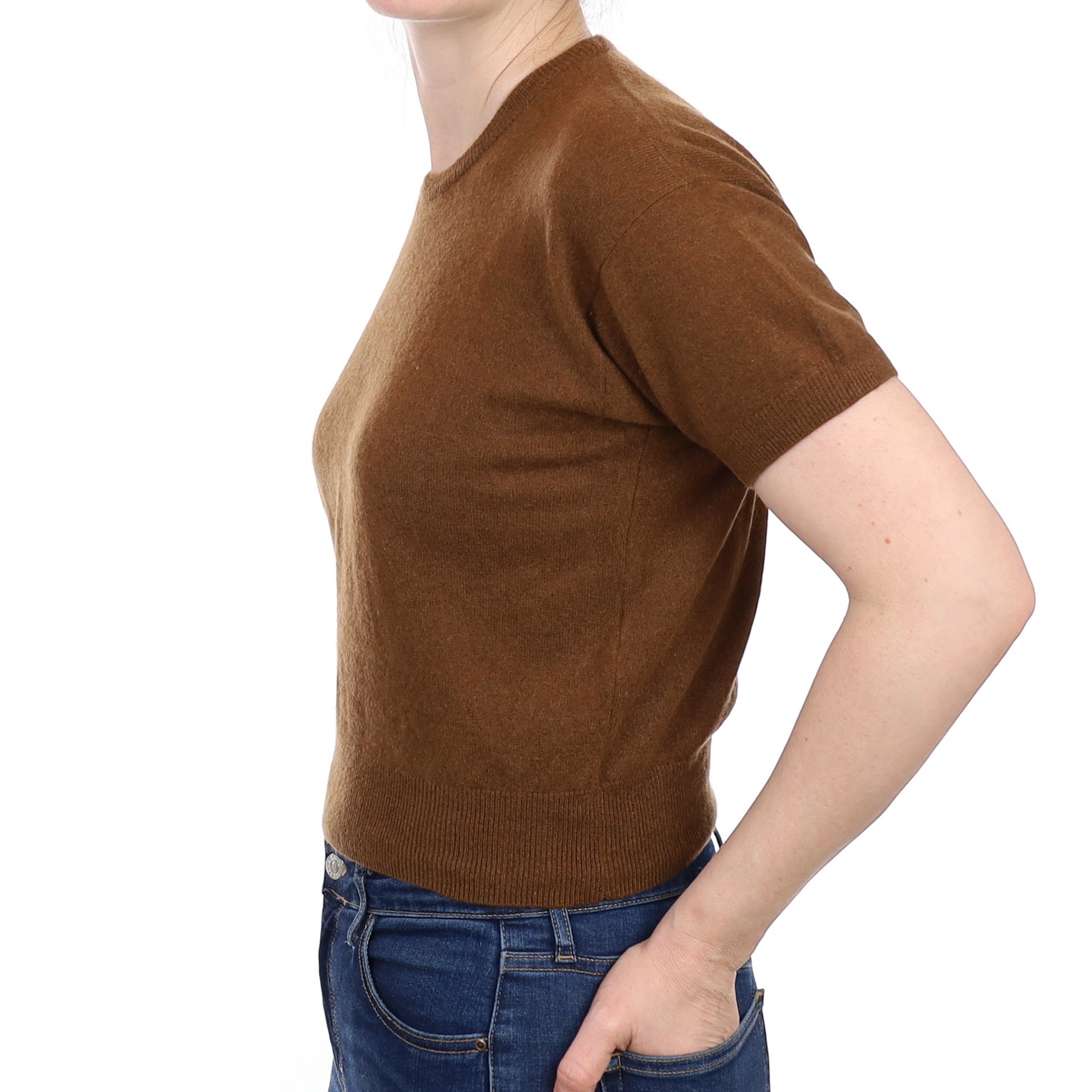 Chestnut Brown Cashmere Short Sleeve Crew Neck Jumper Small