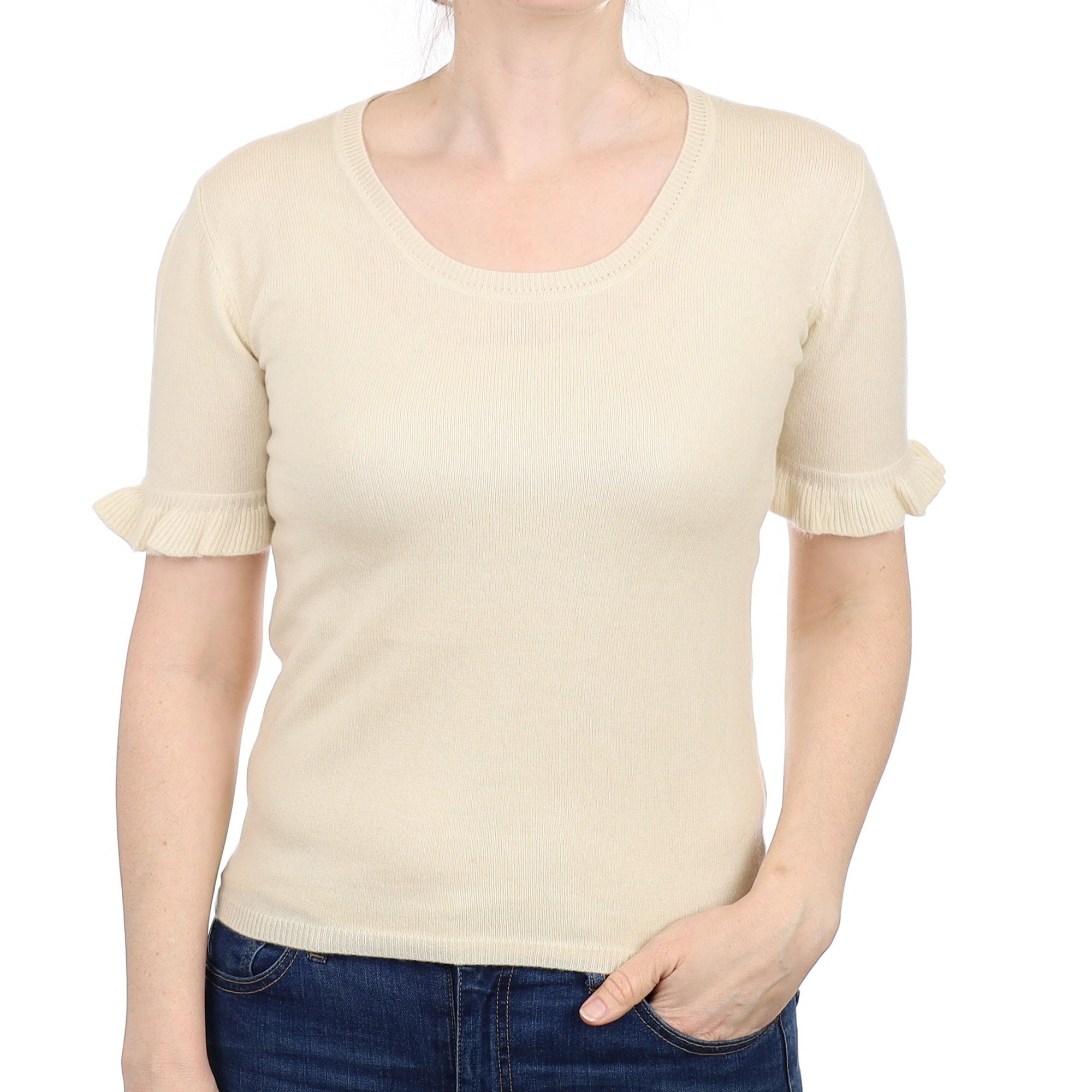 Vanilla Cream Cashmere Short Sleeved Crew Neck Jumper Small