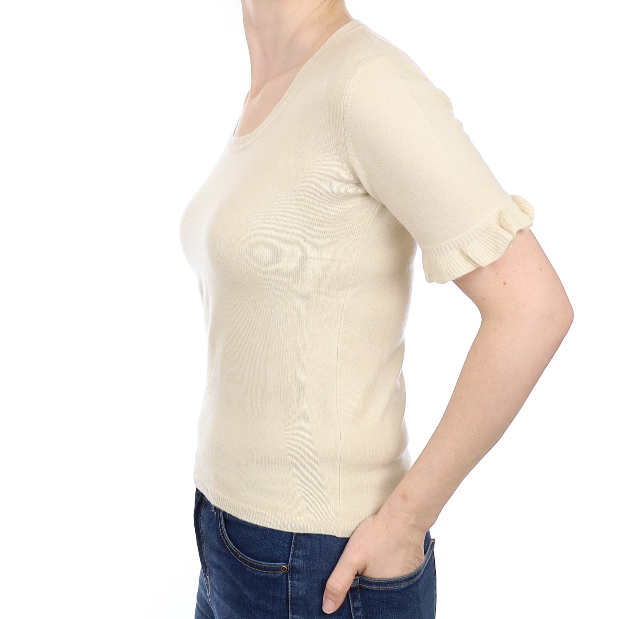 Vanilla Cream Cashmere Short Sleeved Crew Neck Jumper Small