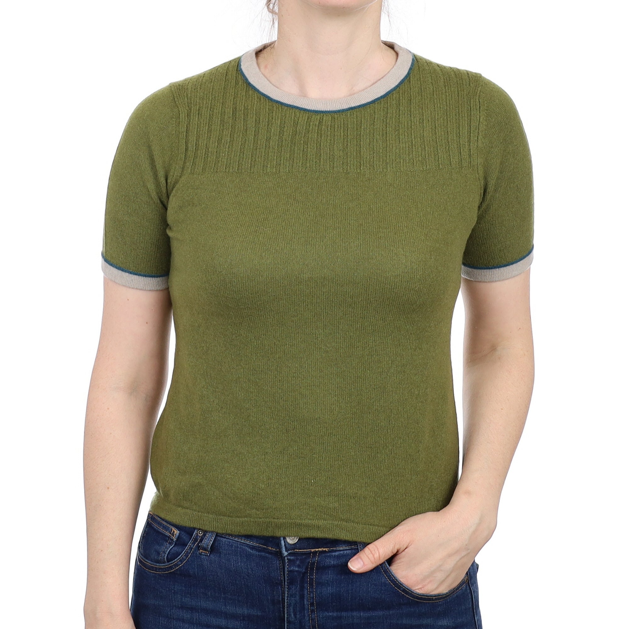 Olive Green Cashmere Short Sleeved Crew Neck Jumper Small