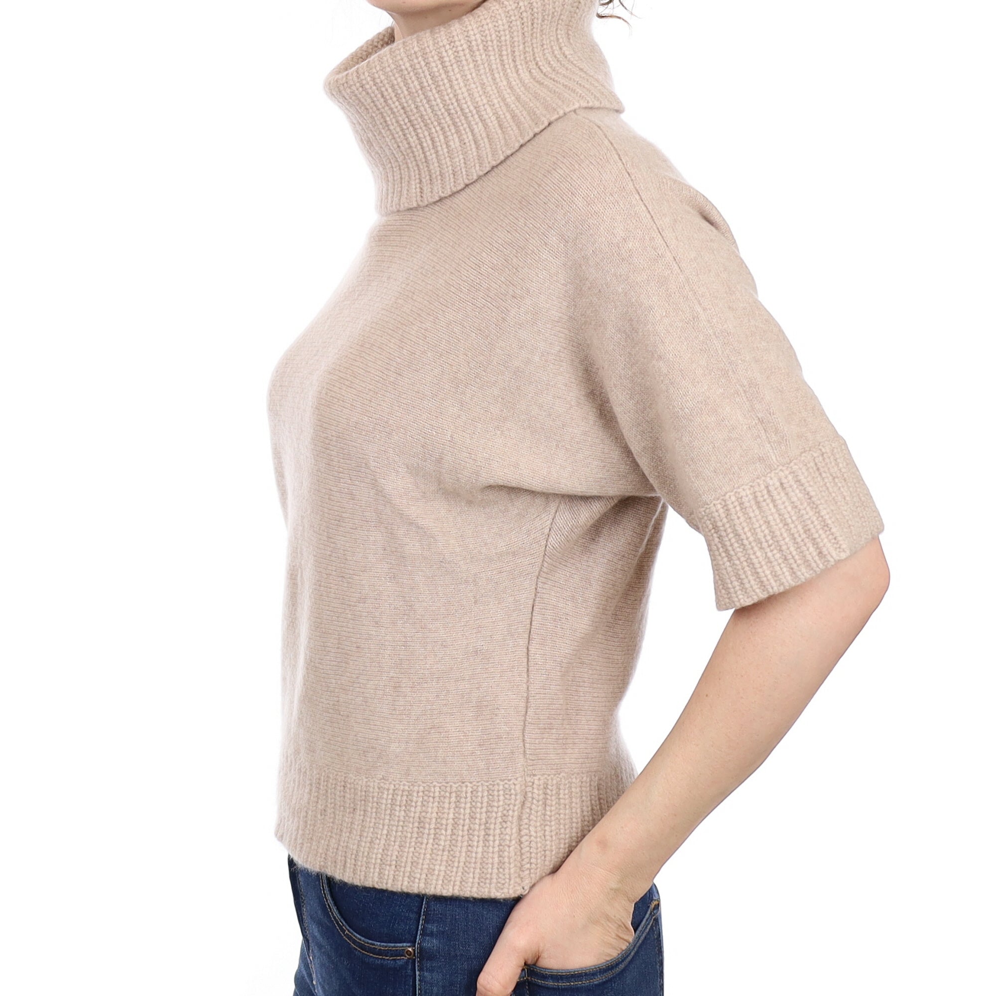 Oatmeal Cashmere Short Sleeved Polo Neck Jumper Small