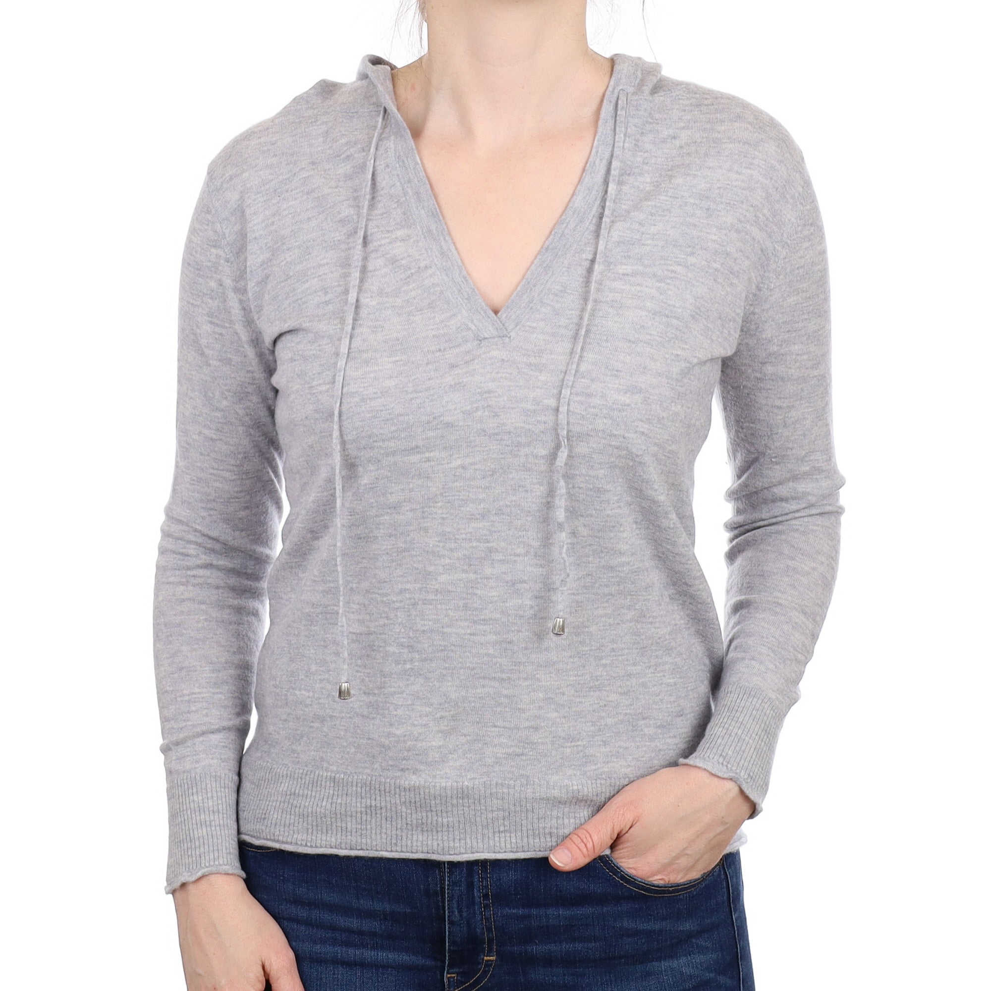 Smoke Grey Embellished V Neck Hoodie Small