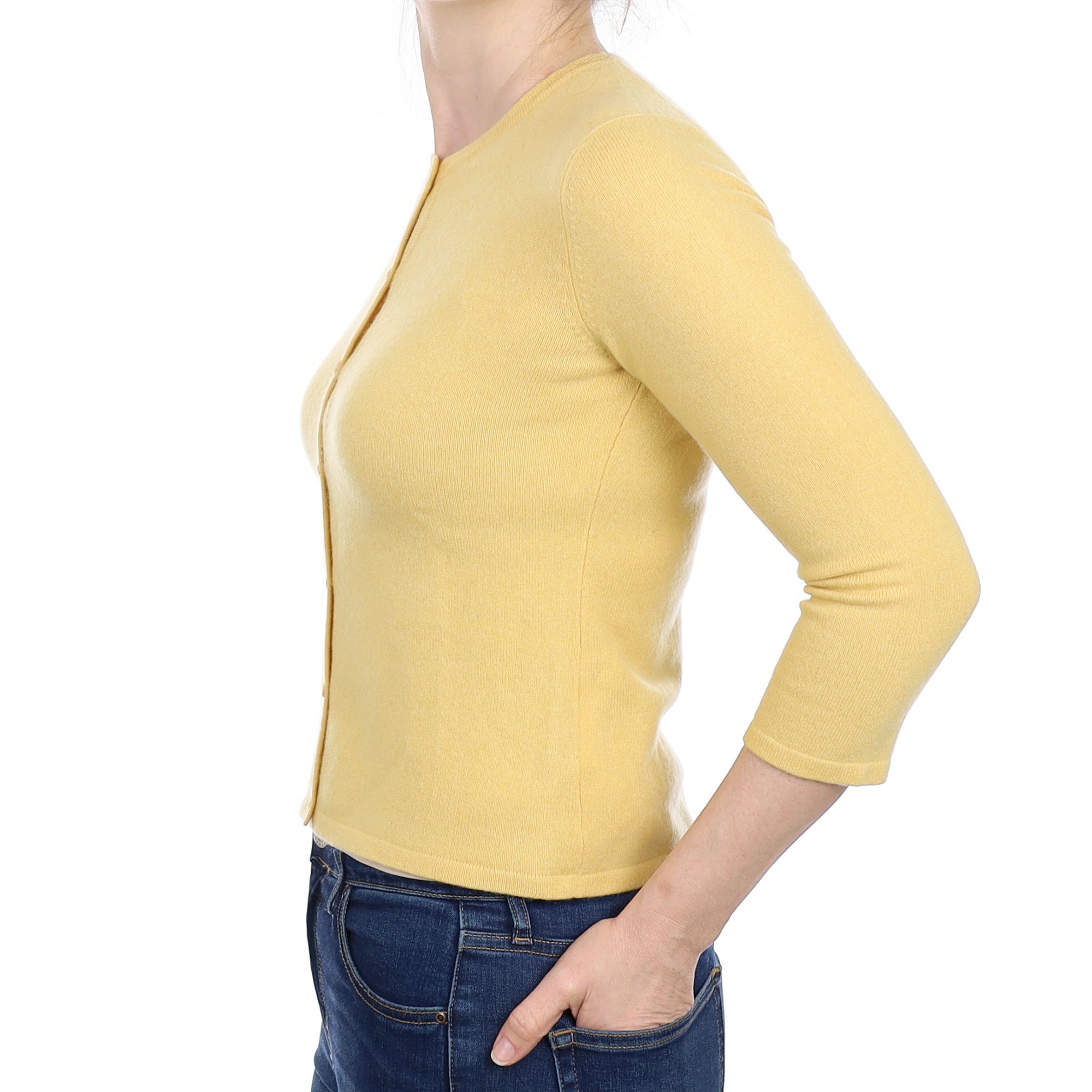 Custard Yellow Cashmere Crew Neck Cardigan Small