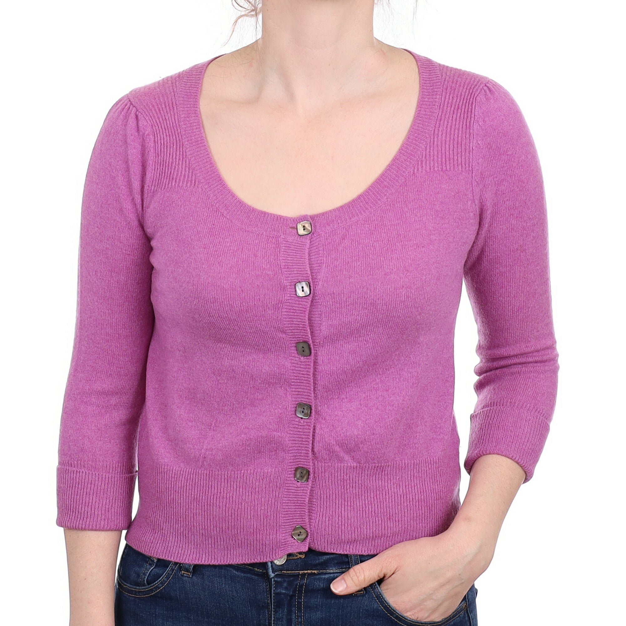 Heather Purple Cashmere Scoop Neck Cardigan with 3/4 Sleeves Small