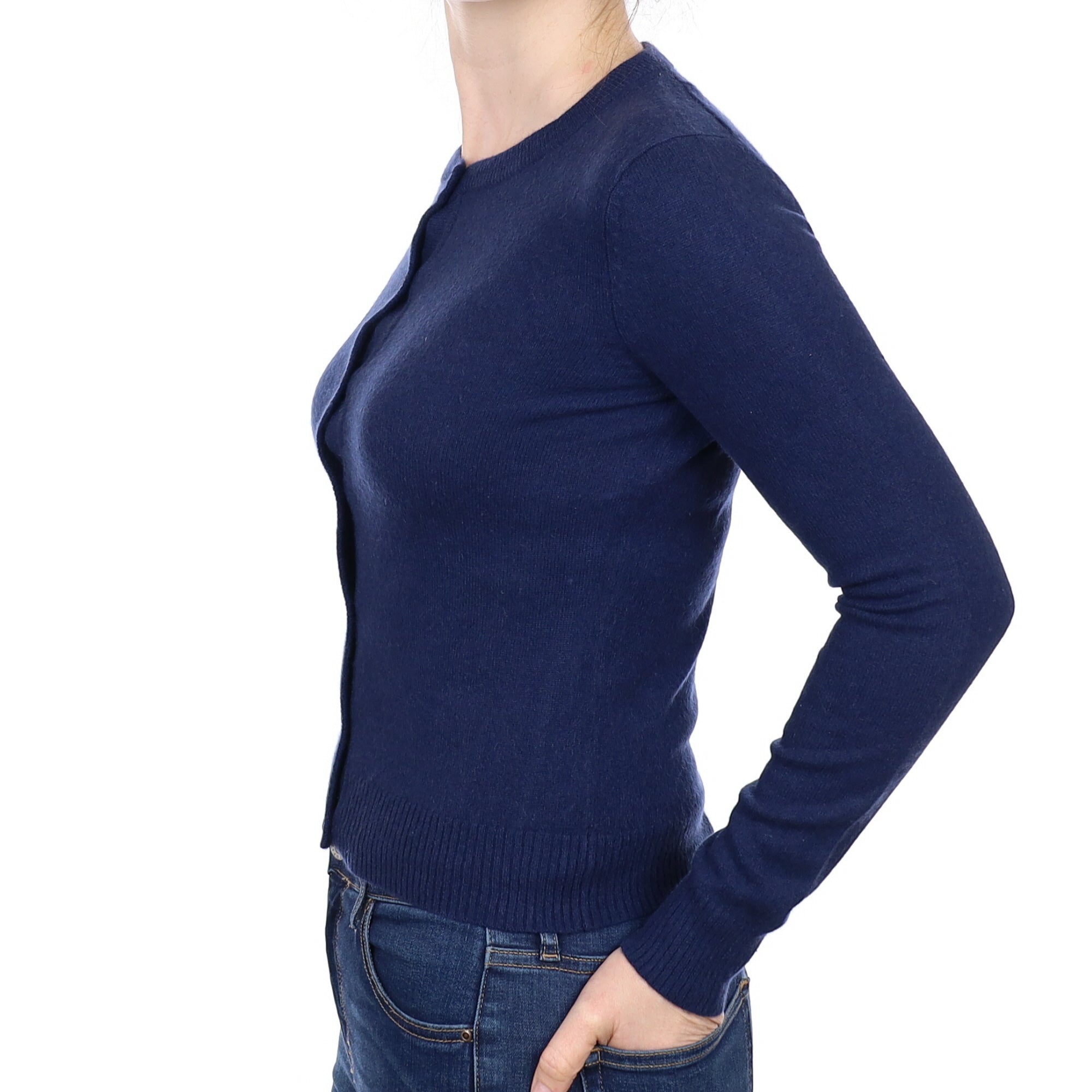French Navy Cashmere Crew Neck Cardigan Small