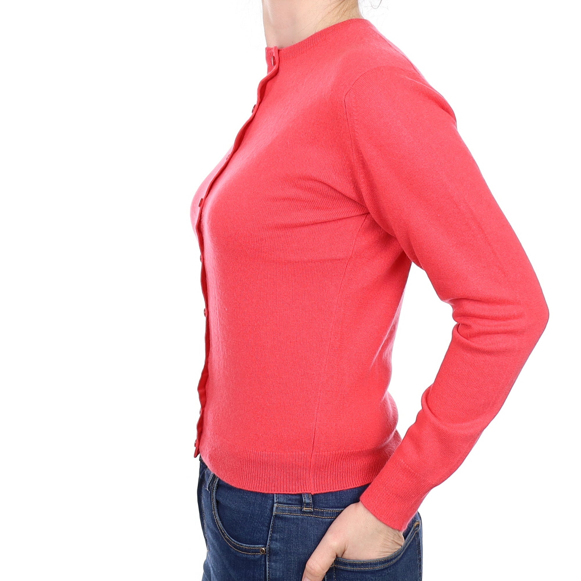 Pringle Deep Coral Pink Cashmere Crew Neck Cardigan Small