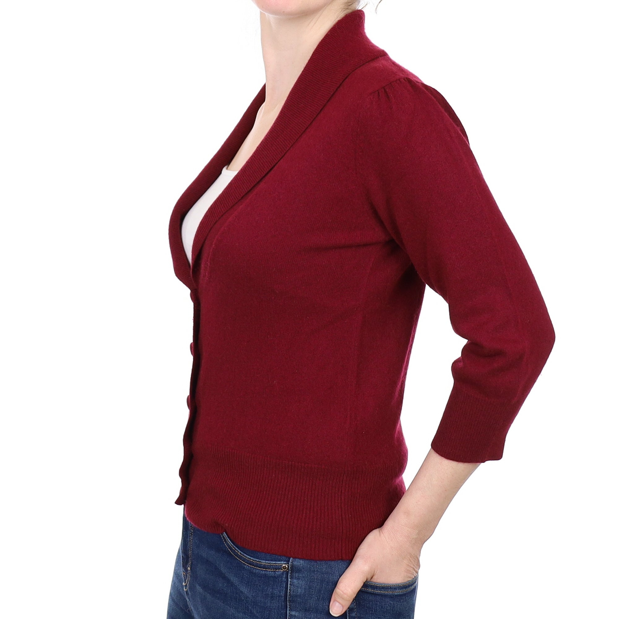 Burgundy Cashmere Shawl Collar V Neck Cardigan Small