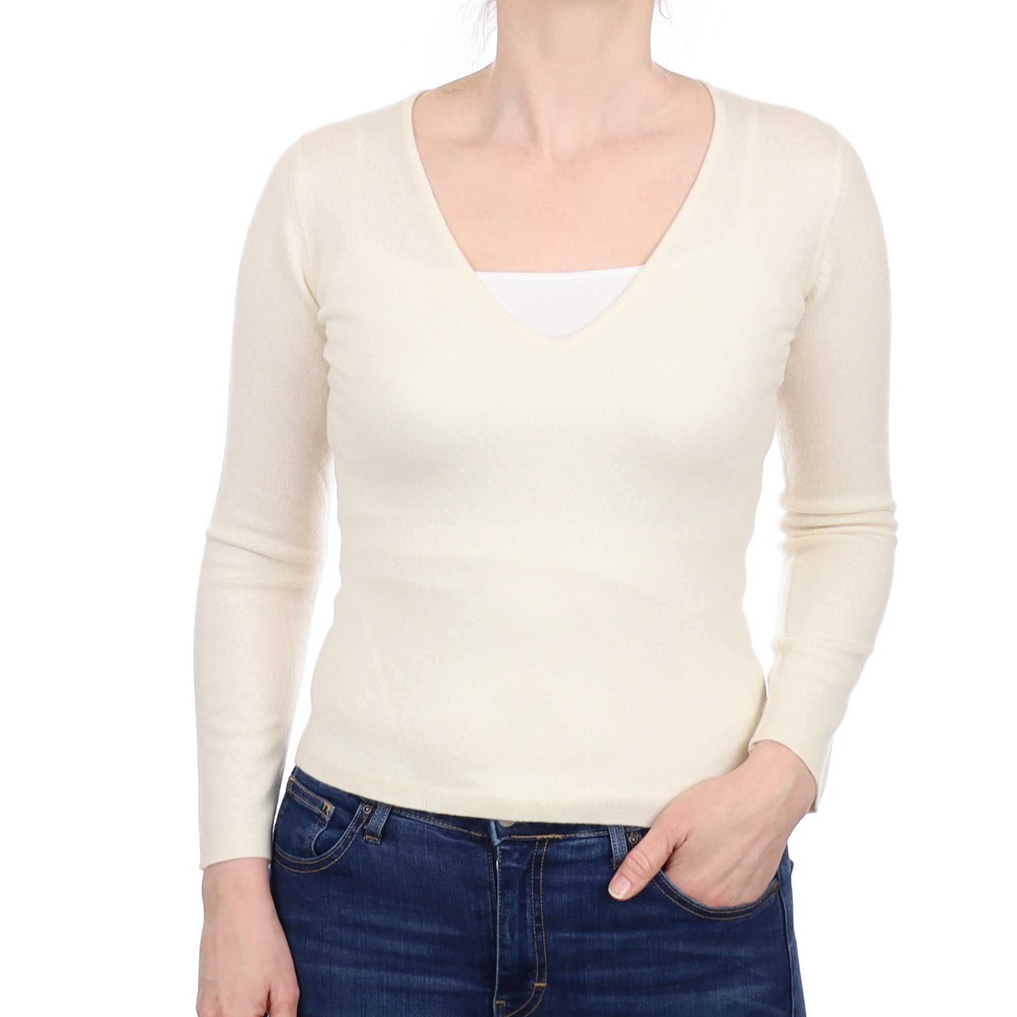 Vanilla Cream Cashmere V Neck Jumper Small