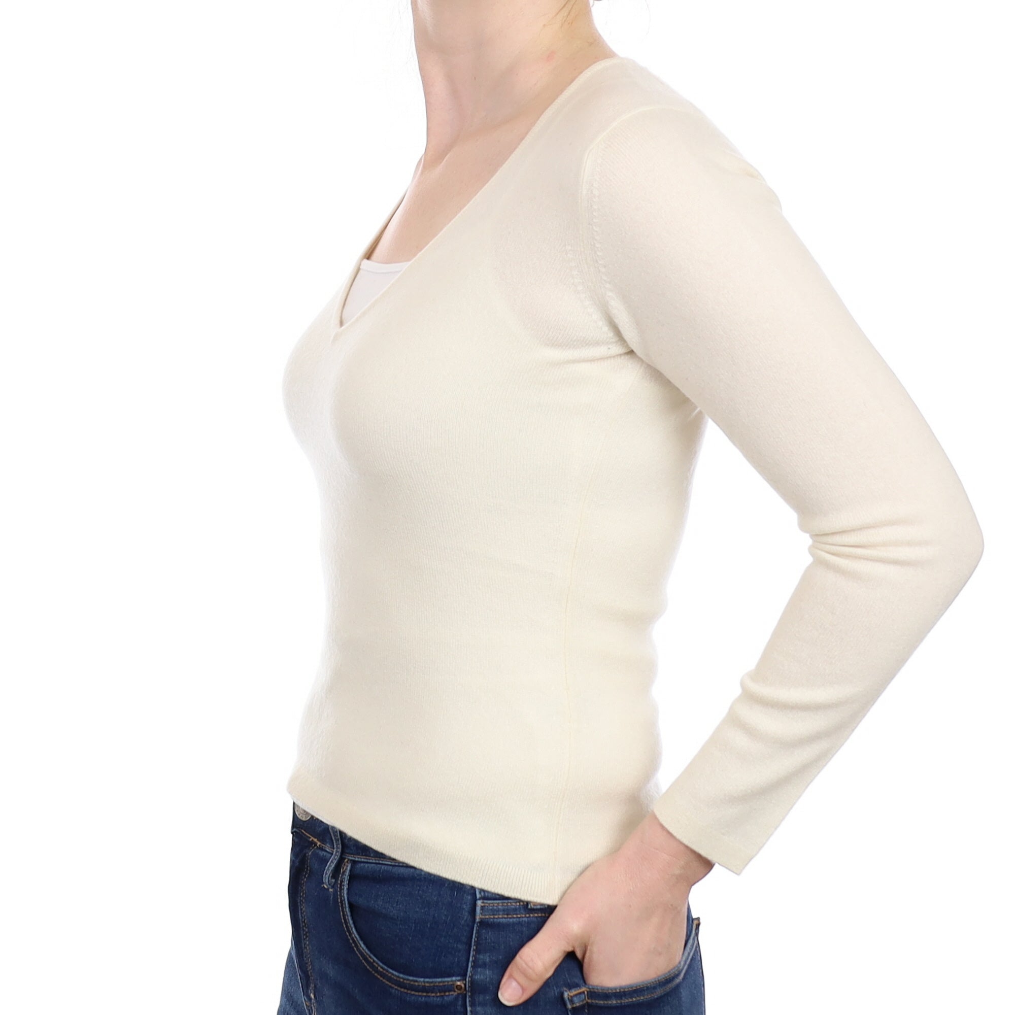 Vanilla Cream Cashmere V Neck Jumper Small