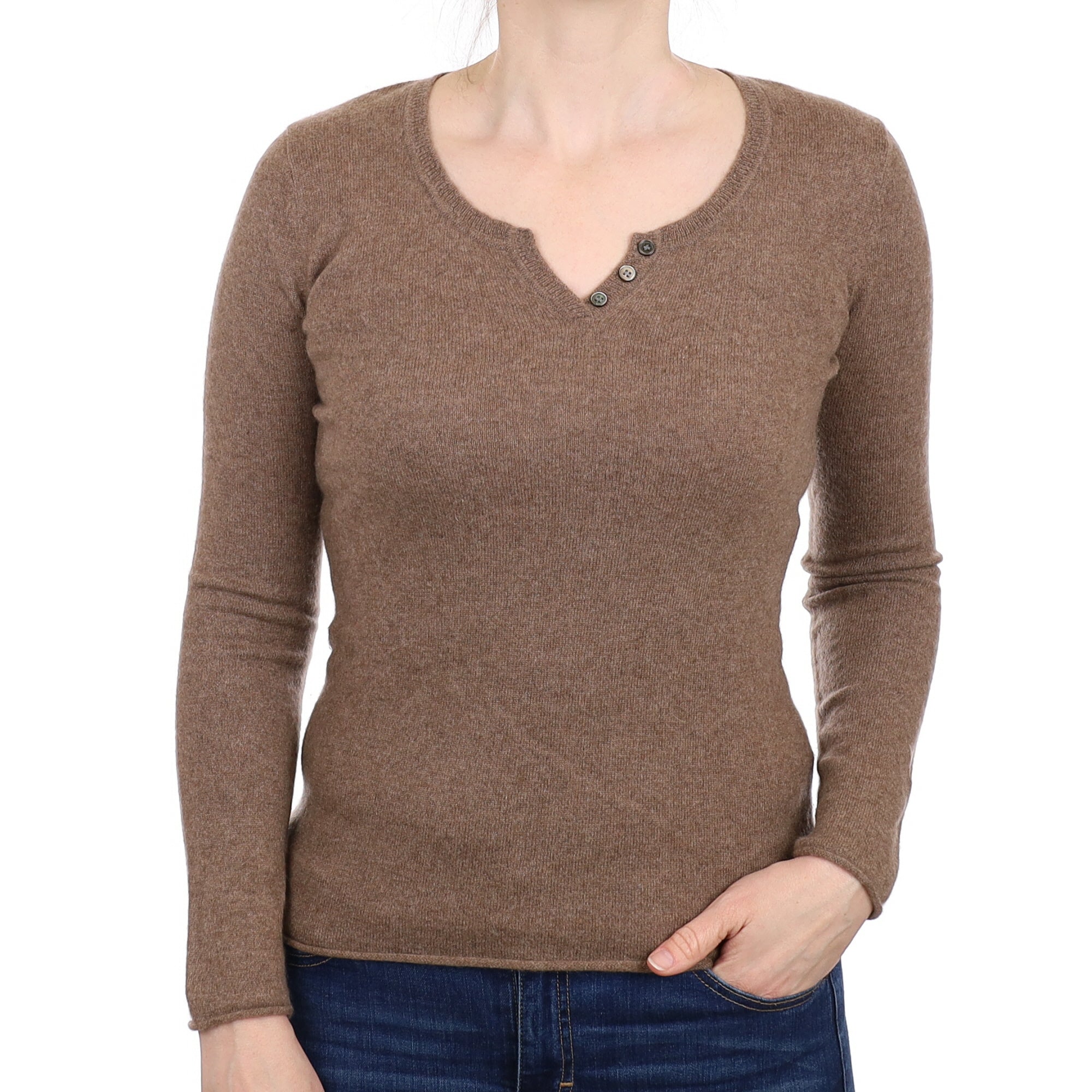 Mocha Brown Cashmere Buttoned Knotch Neck Jumper Small