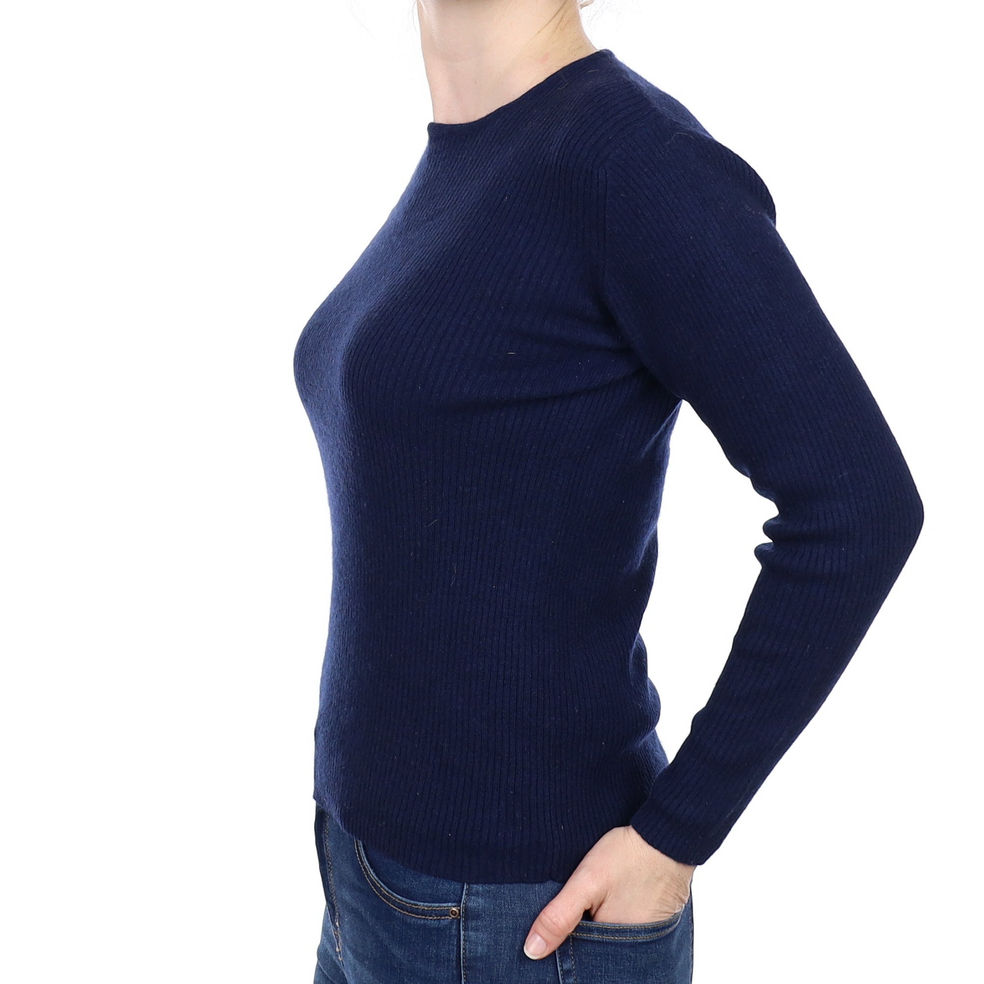 Navy Ribbed Cashmere Crew Neck Jumper Small