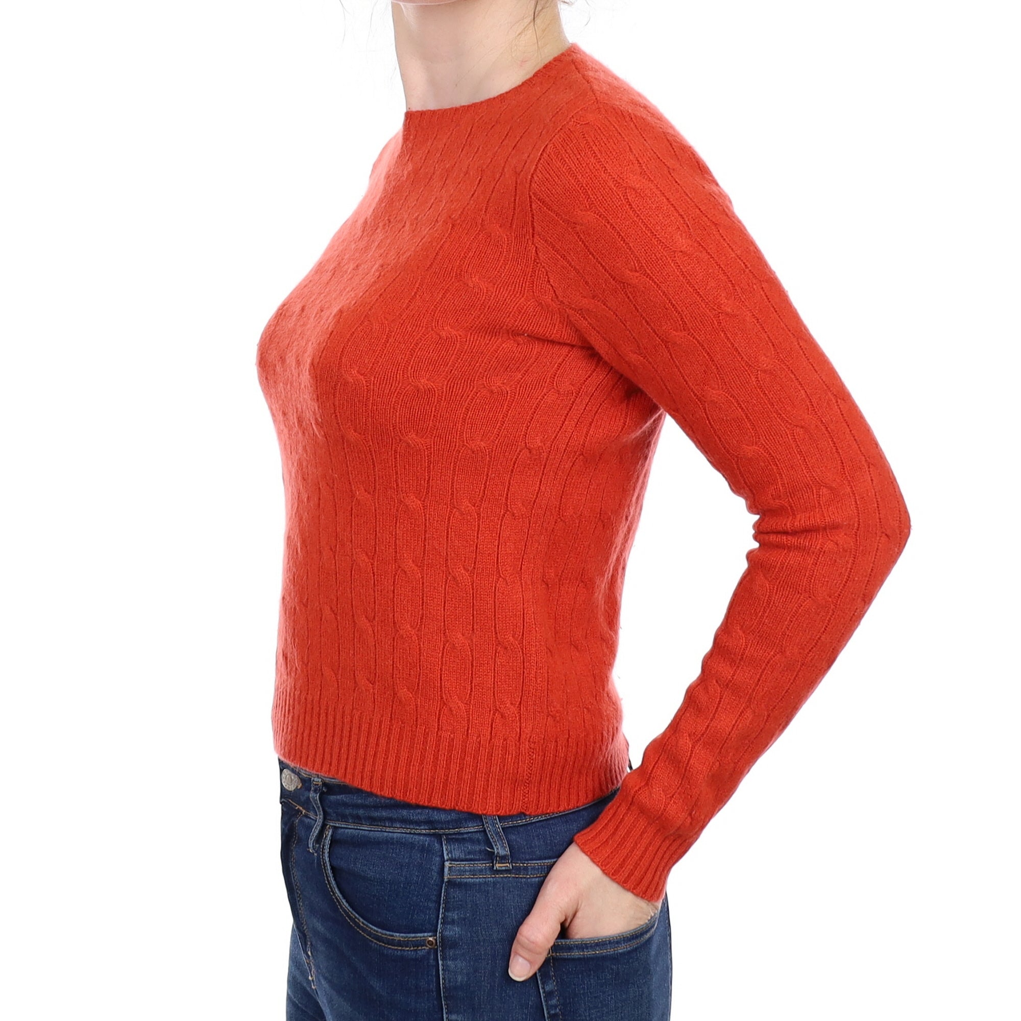 Burnt Orange Cable Cashmere Crew Neck Jumper Small