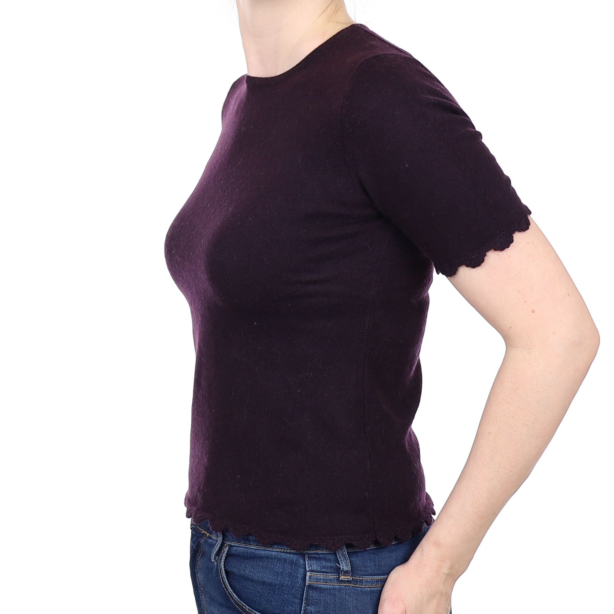 Deepest Purple Cashmere Short Sleeved Crew Neck Jumper Small