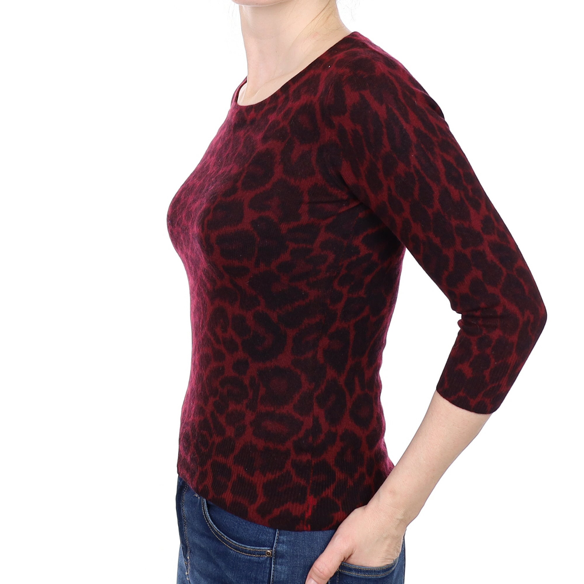 Red Animal Print Cashmere 3/4 Sleeve Crew Neck Jumper Small