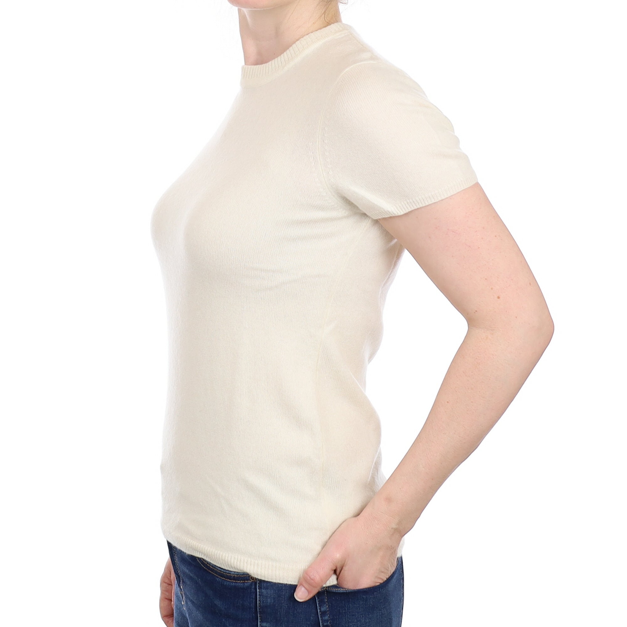 Vanilla Cream Cashmere Short Sleeved Crew Neck Jumper Small